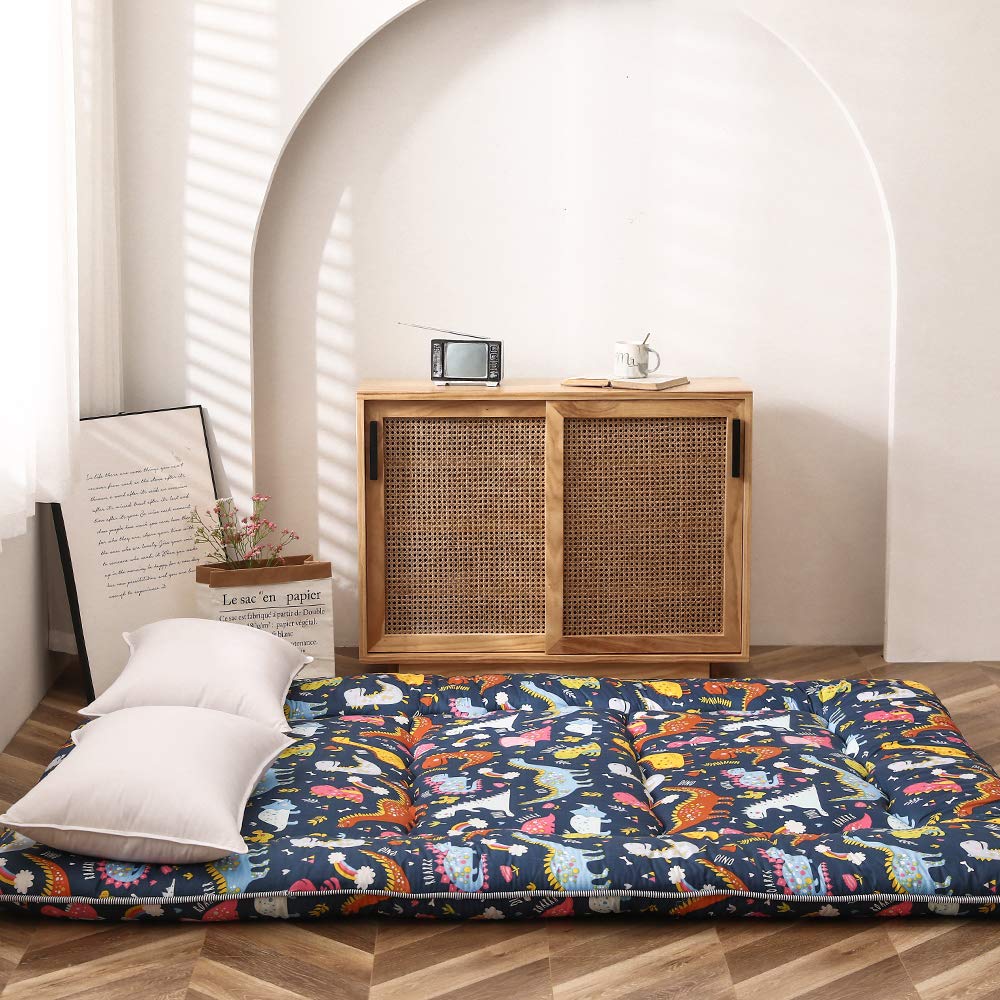 Dinosaur Themed Japanese Floor Futon Mattress for Kids - Thick Foldable Tatami Sleeping Pad, Twin Size Floor Lounger Bed for Boys & Girls | Perfect for Sleepovers, Playrooms, and Cozy Movie Nights