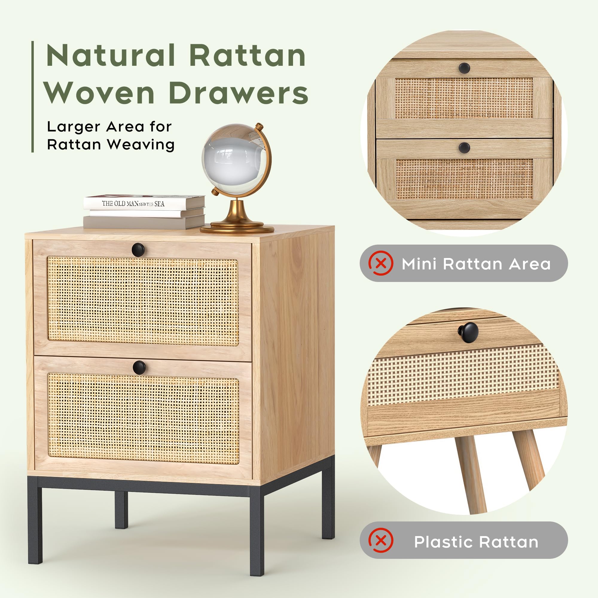 Rattan Nightstand Set of 2 - Boho Bedside Tables with Natural Woven Drawers, Modern Farmhouse Night Stand for Bedroom & Living Room, Natural Finish with Sturdy Metal Legs | Perfect for Cozy Bedrooms, Guest Rooms & Boho-Chic Home Decor