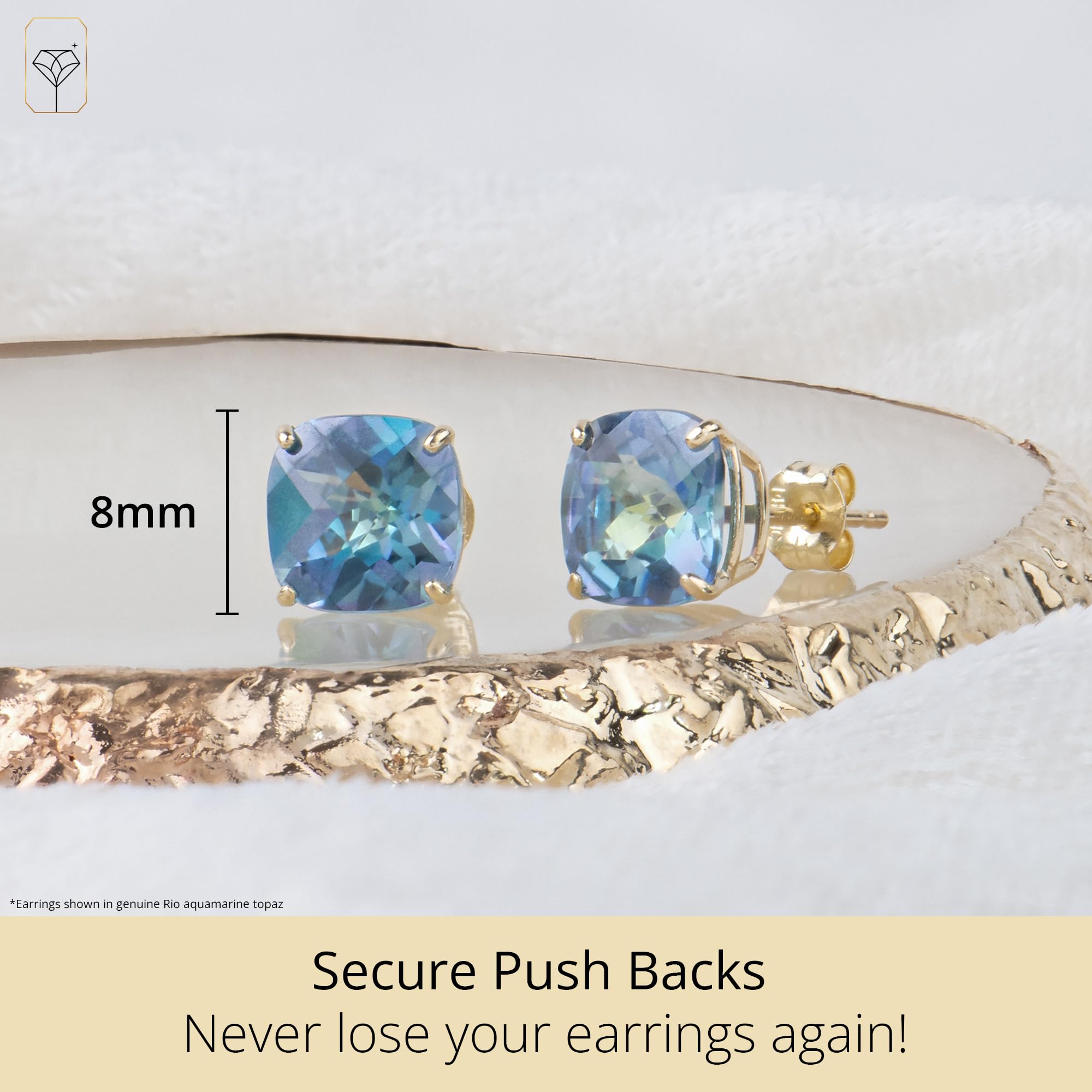14K White or Yellow Gold 8mm Cushion-Cut December Birthstone Stud Earrings with Swiss Blue Topaz or London Blue Topaz - Hypoallergenic & Anti-Tarnish Finish - Push Back Closure Studs for Women - Perfect Gift for Birthday, Anniversary & Special Occasions