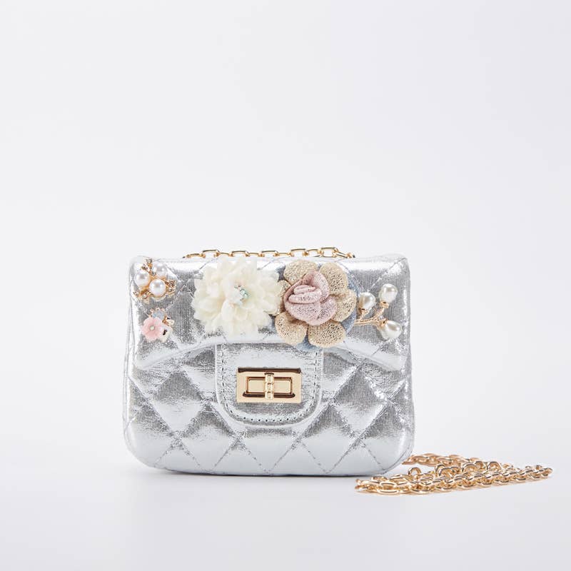 Shiny Silver Floral Applique Quilted Purse for Women - Elegant Evening Bag for Parties, Weddings & Special Occasions