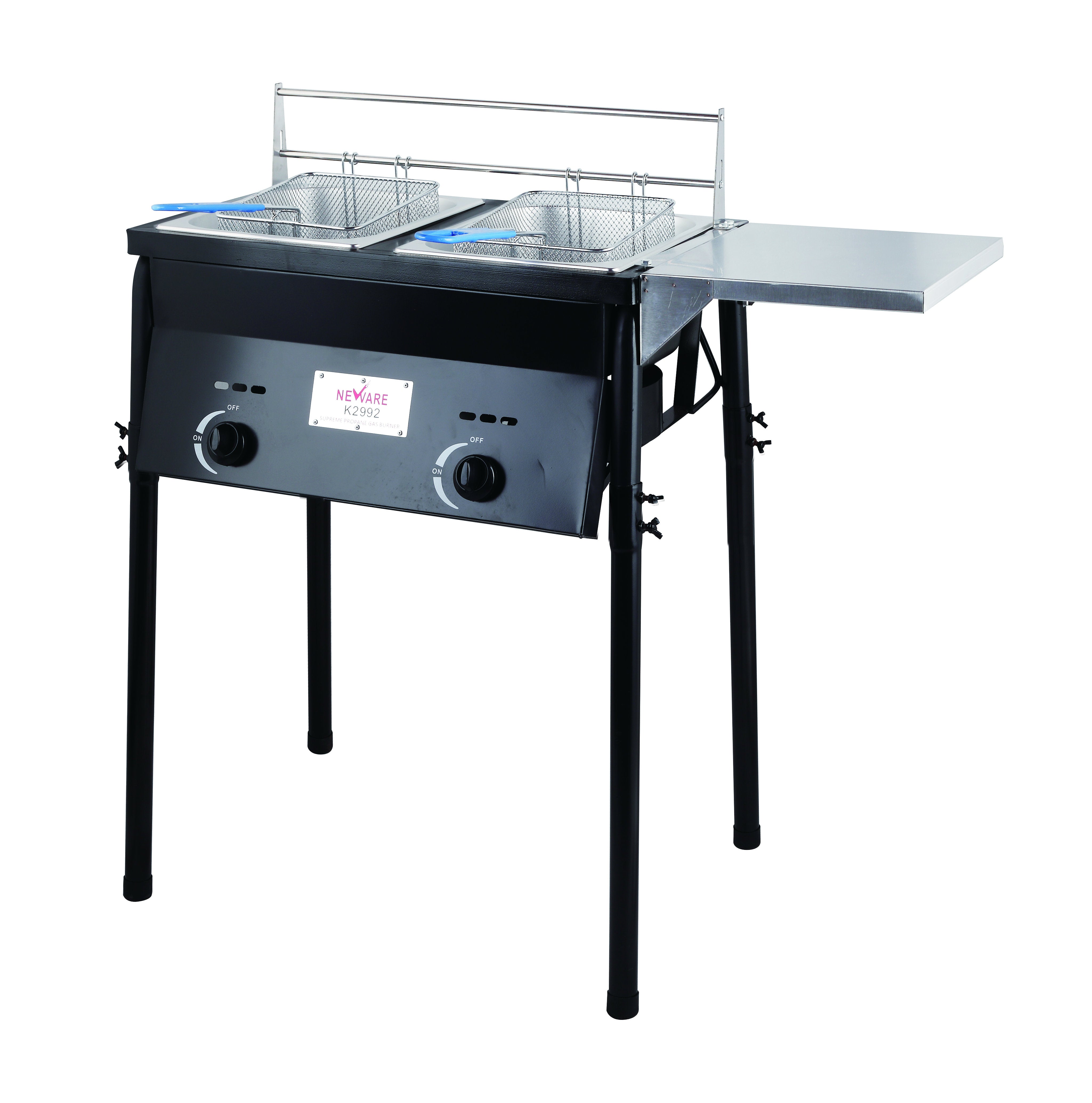Double Burner Propane Deep Fryer with Shelves - Commercial Grade Stainless Steel Deep Fryer for Outdoor Cooking, Food Trucks, and Restaurants - Perfect for Frying Chicken, Fish, and French Fries