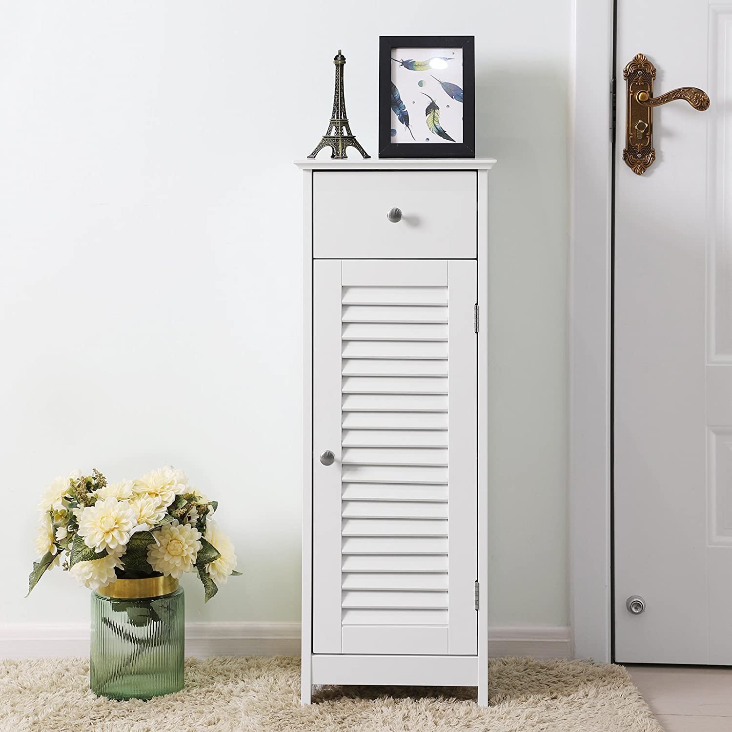White Wooden Bathroom Floor Cabinet with Drawer & Shutter Door - Storage Organizer Set for Towels, Toiletries & Bath Essentials | Space-Saving Bathroom Furniture for Small Spaces