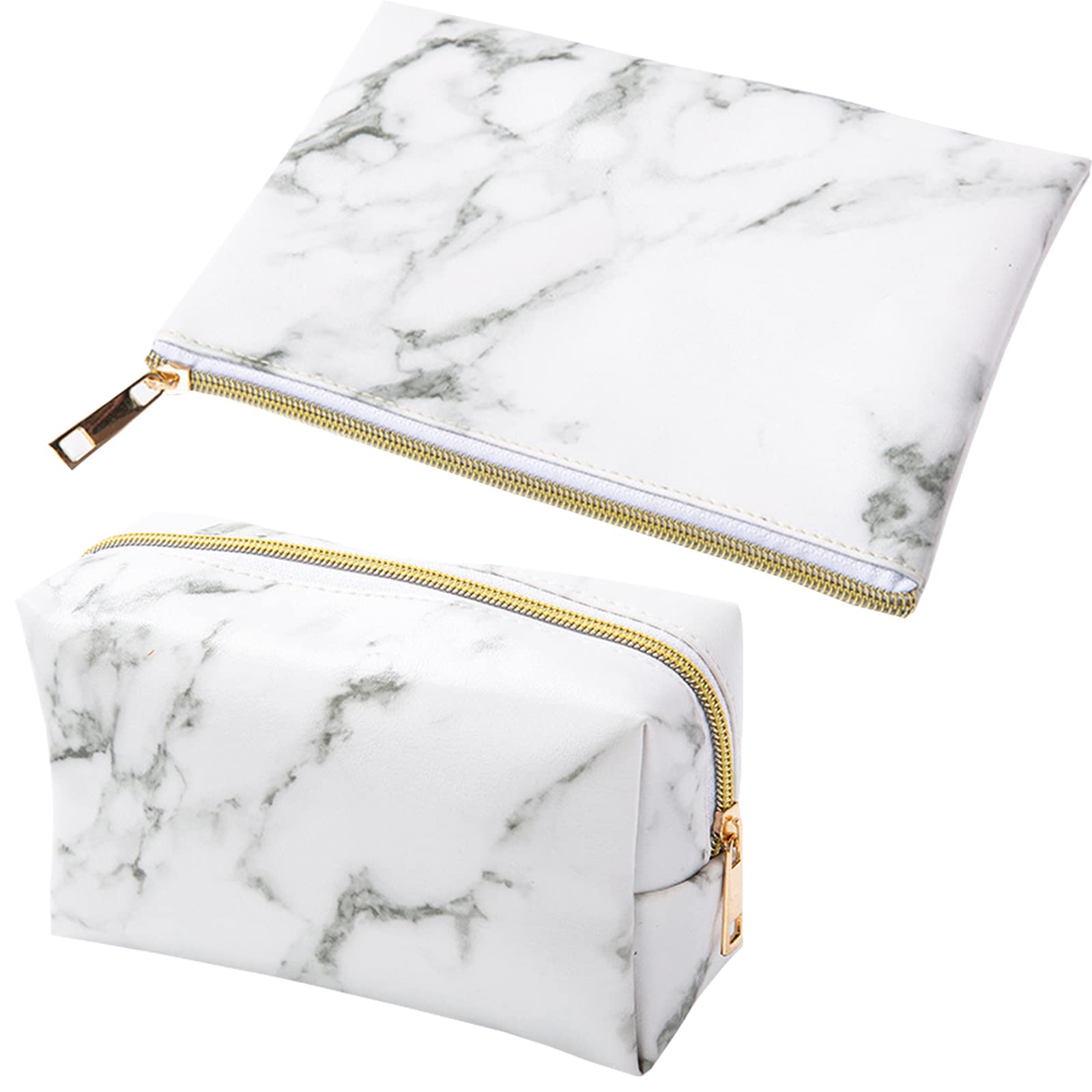Marble Makeup Bag Set of 2 - PU Leather Cosmetic Pouch for Travel & Daily Use