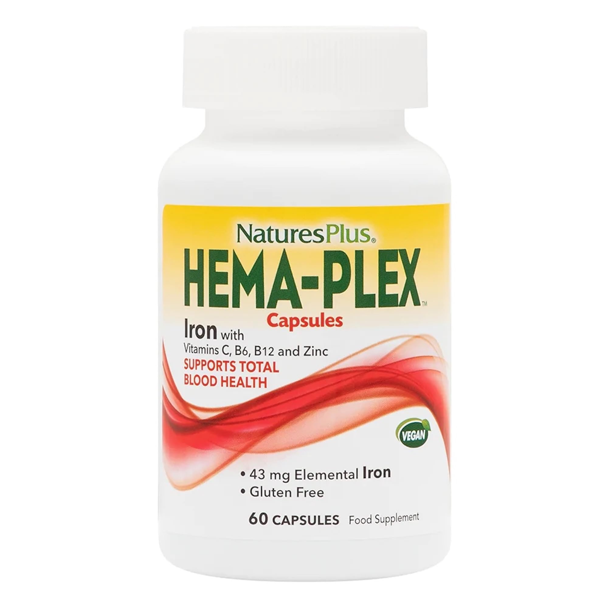 NaturesPlus Hema-Plex Iron Supplement - 60 Fast-Acting Vegan Capsules with 85mg Chelated Iron, Vitamin C & Bioflavonoids - Supports Blood Health & Energy - Gluten Free, Non-GMO - 30 Servings for Anemia & Fatigue Relief