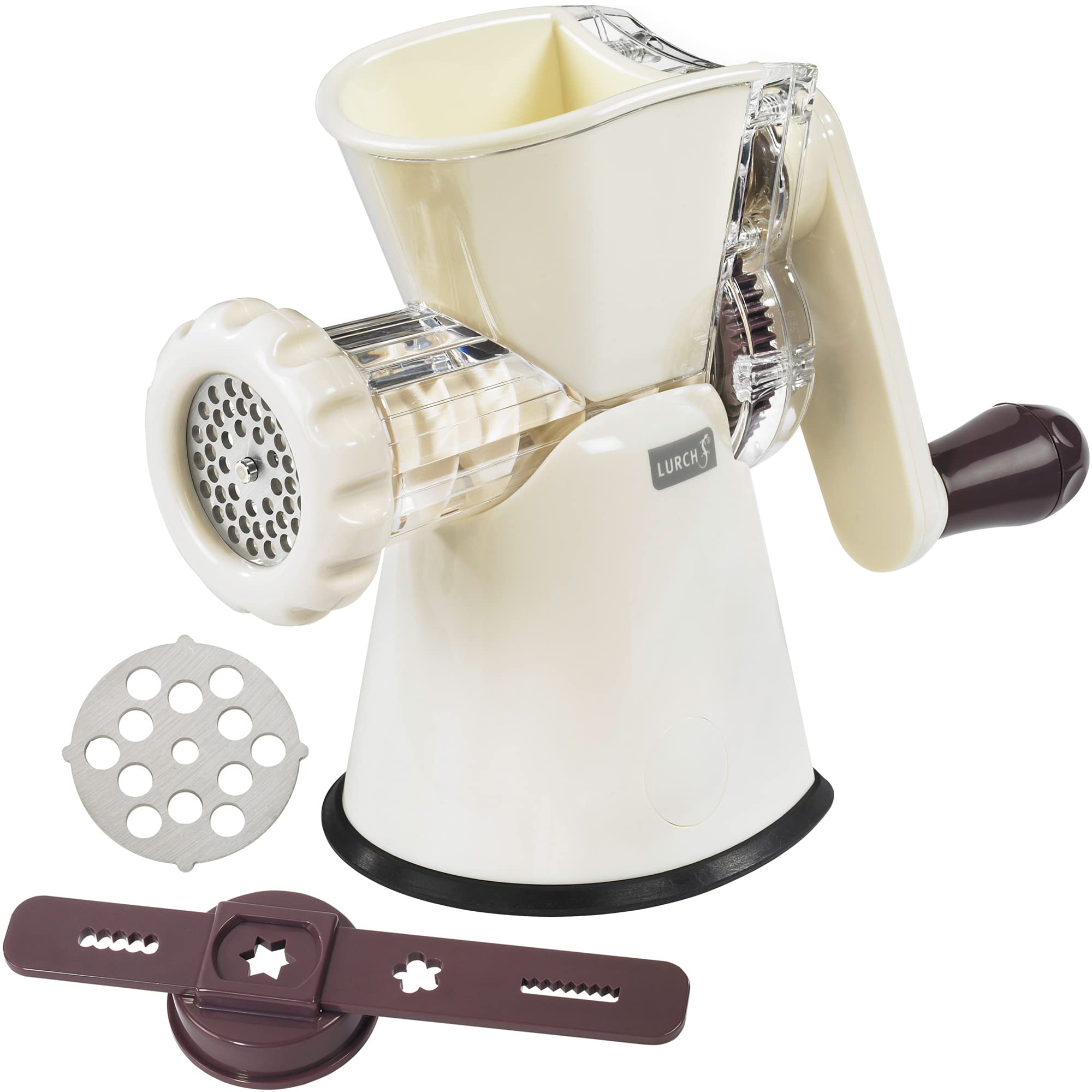 Premium LURCH Germany Manual Meat Grinder & Cookie Maker - Stainless Steel Blades Hand Crank Mincer for Meat, Sausage, Garlic, Cookies & Churros | Easy to Clean | Aubergine/Cream White | Perfect for Home Kitchen, Camping & Outdoor Cooking