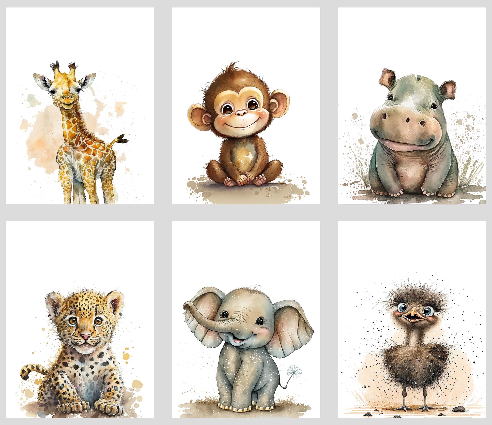 Calmart Safari Animals Wall Art - Set of 6 Unframed Nursery Prints - Wild Animal Decor for Boys & Girls Rooms - Perfect for Jungle Themed Bedroom & Playroom Decor