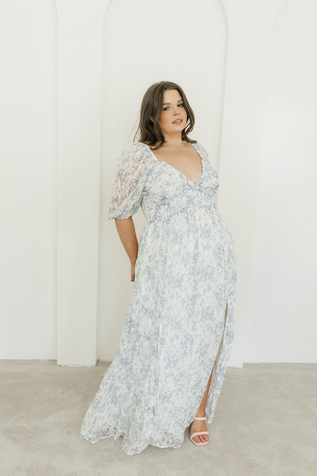 Blue and White Floral Daphne High Slit Eyelet Detail Maxi Dress - Plus Size & Inclusive Sizing - Perfect for Beach Vacations, Summer Parties & Boho Weddings