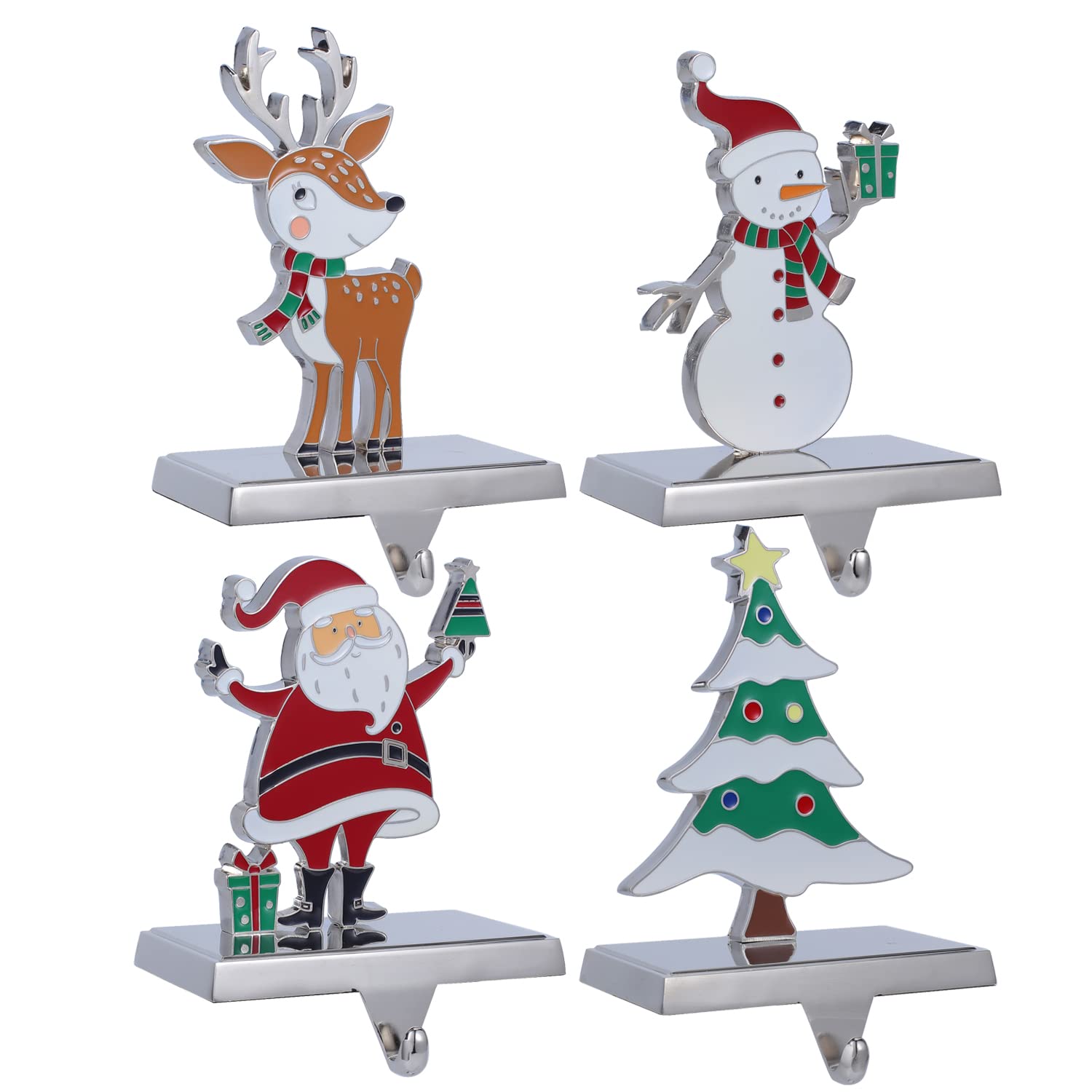 Festive 4-Pack Christmas Stocking Hangers Set - Reindeer, Santa, Snowman Design for Fireplace Mantel & Xmas Tree - Colorful Holiday Decorations for Home, Party & Gift Giving