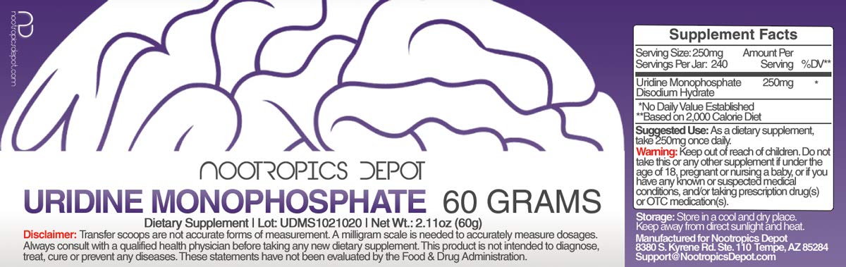 Nootropics Depot Uridine Monophosphate Powder (60g) - Disodium Salt for Cognitive Support, Memory Enhancement & Mitochondrial Health | Brain Booster Supplement for Focus, Learning & Mental Clarity