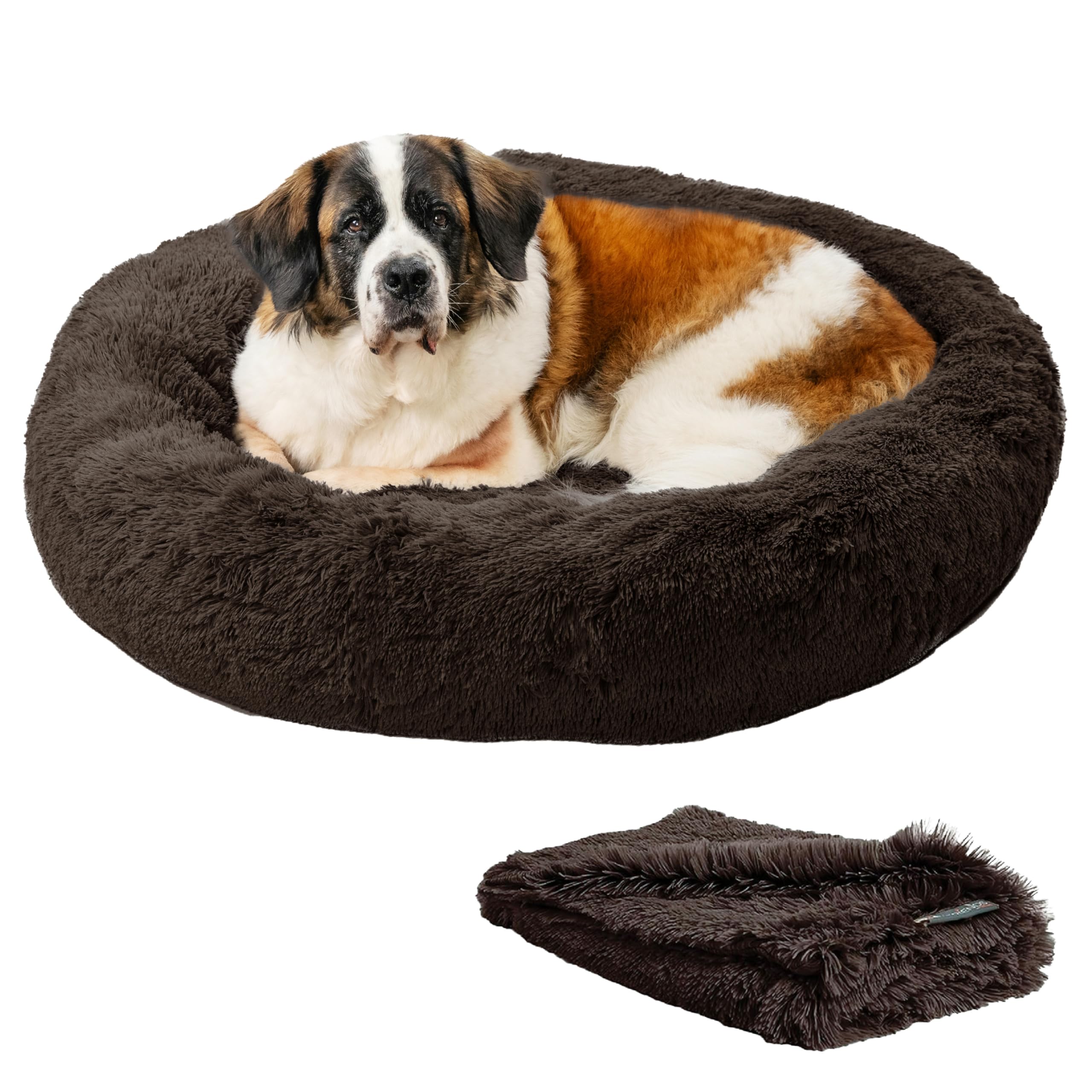 Best Friends by Sheri Bundle Set - Original Calming Shag Donut Cuddler Cat & Dog Bed with Pet Throw Blanket, Dark Chocolate, Extra Large 45x45 Inch - Cozy Pet Bed for Anxiety Relief & Nap Time Comfort