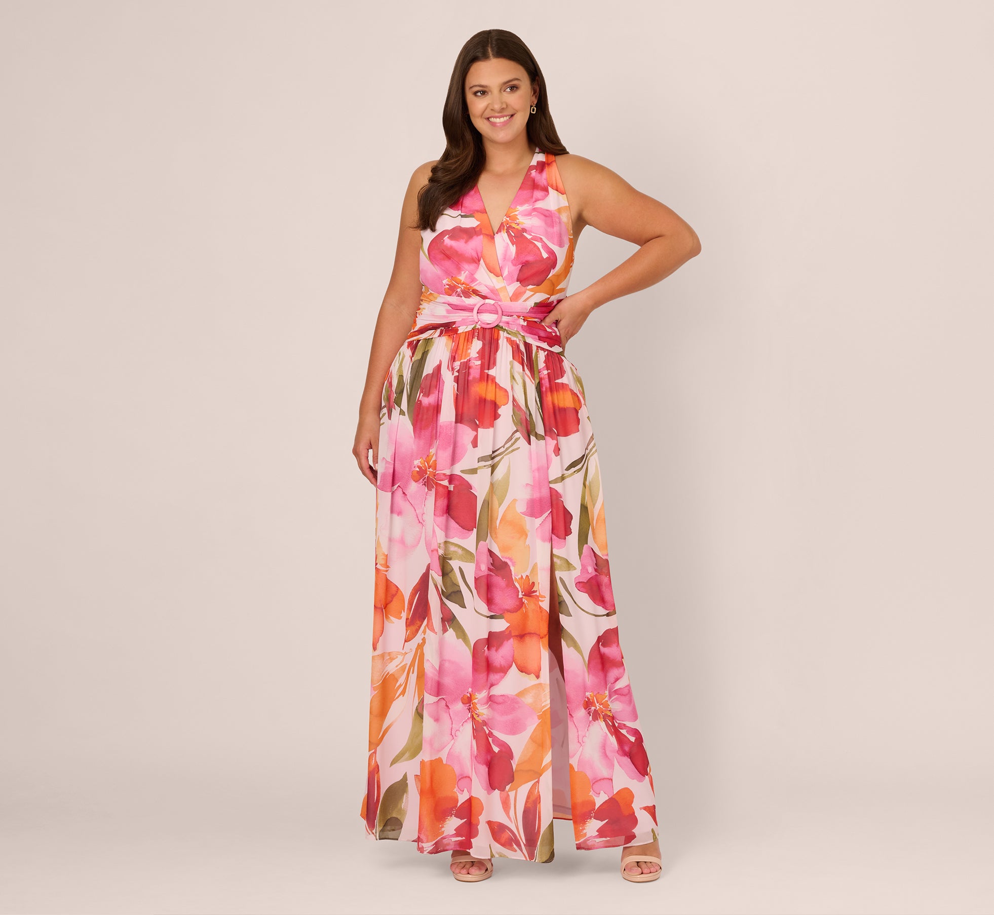 Plus Size Sleeveless Surplice Floral Chiffon Maxi Dress in Pink & Orange - Elegant Summer Wedding Guest Dress for Women, Beach Cover Up, Special Occasion Outfit