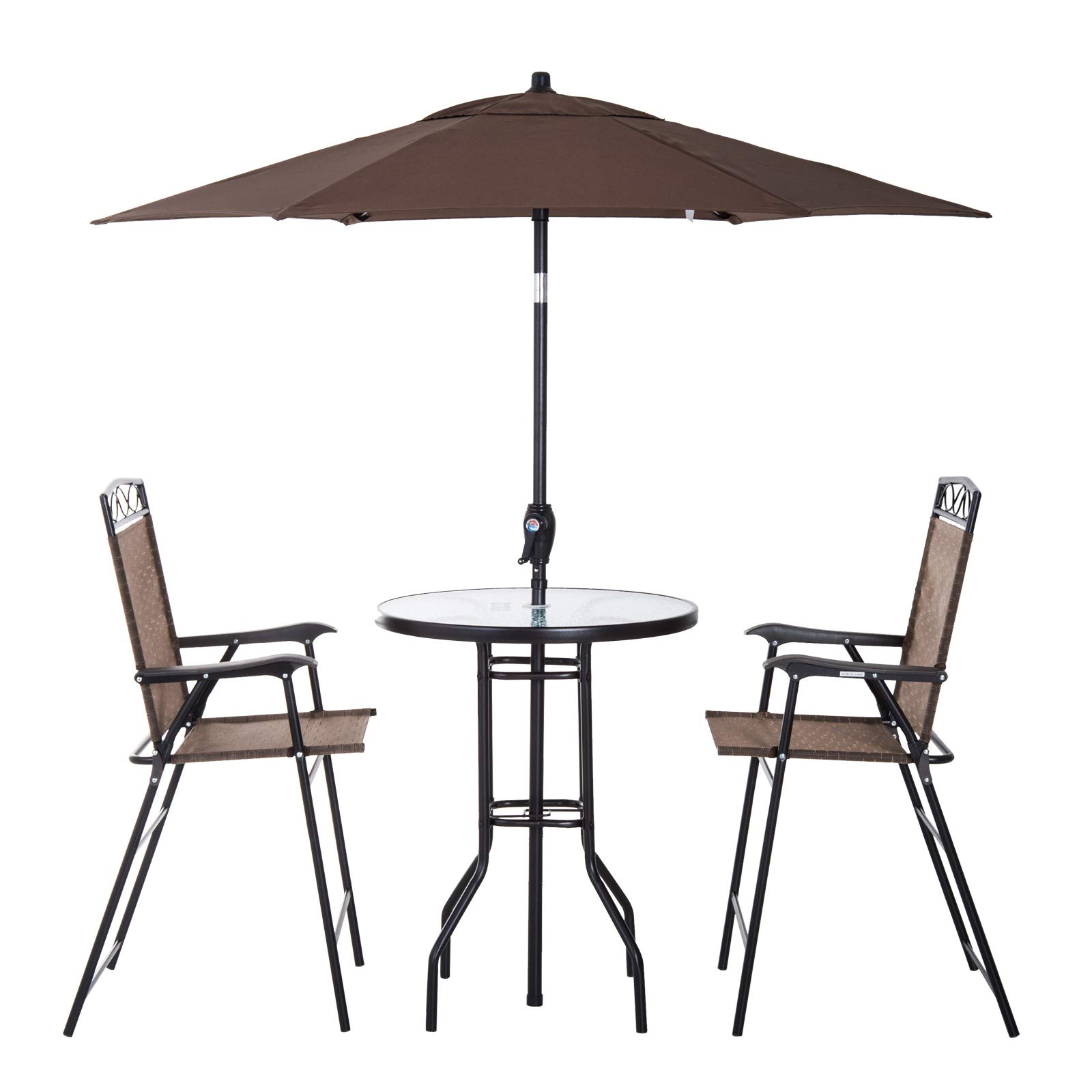 Outsunny 4-Piece Outdoor Patio Dining Set with 2 Folding Chairs, Adjustable Umbrella & Tempered Glass Table - Brown | Perfect for Backyard, Garden, Poolside & BBQ Gatherings