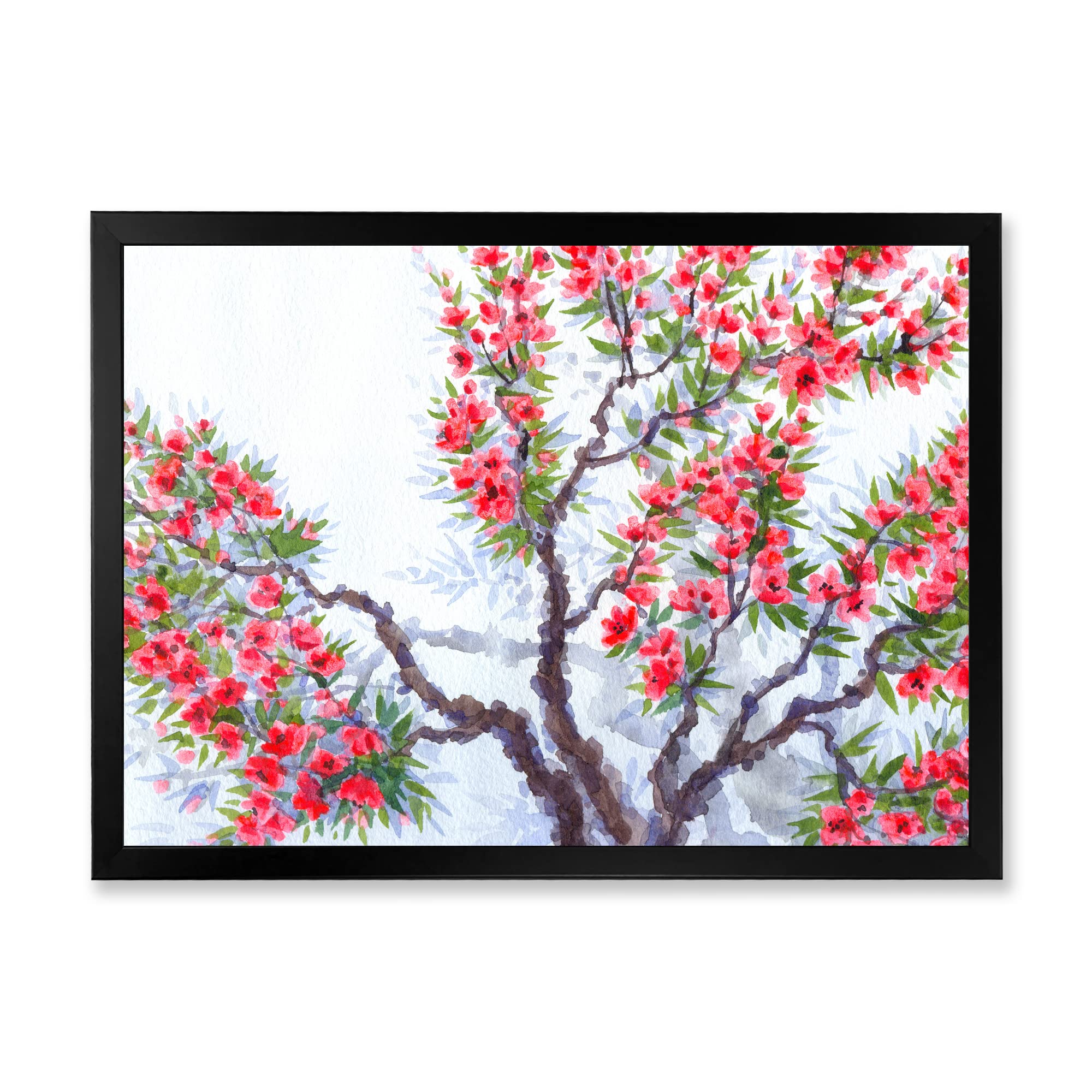 Spring Tree Red Flowers Traditional Framed Wall Art - Vintage Botanical Home Decor for Living Room, Bedroom & Office