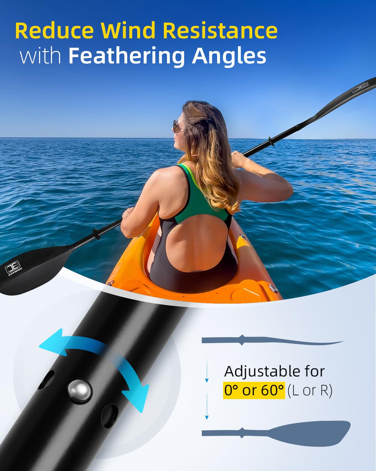 OCEANBROAD 2-Piece Adjustable Kayak Paddle 86in/218cm & 90.5in/230cm - Lightweight Aluminum Alloy Shaft with Floatable Design - Perfect for Kayaking, Canoeing, Boating & Water Sports Adventures