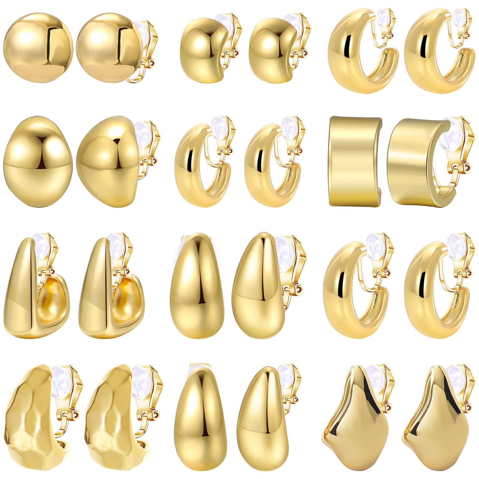 NEWITIN 12 Pairs Gold Clip On Hoop Earrings for Women - Retro Chunky Non-Piercing Fake Earrings | Perfect for Parties, Weddings & Everyday Wear