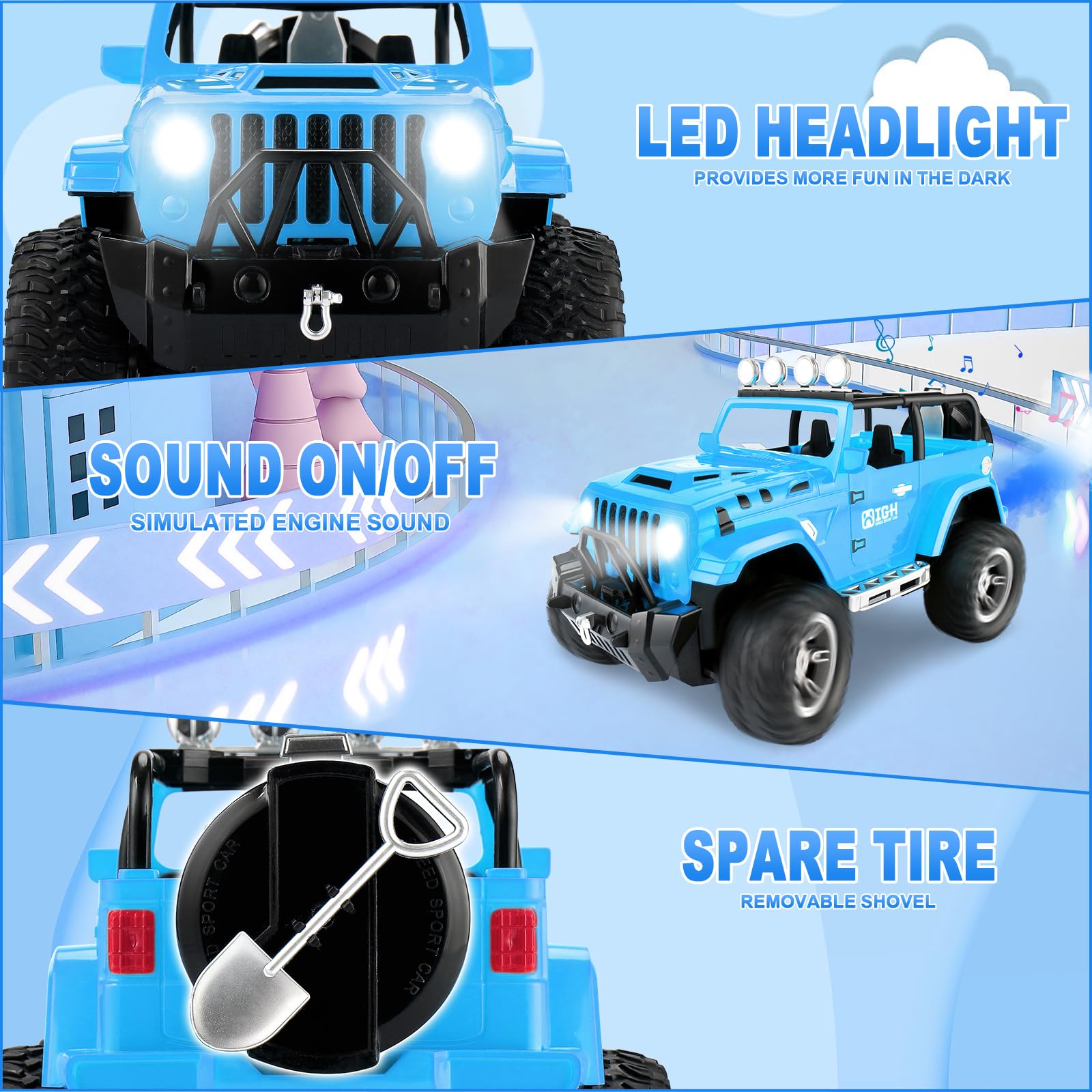 Carox 1:16 Scale Remote Control Car for Kids - 2.4Ghz RC Monster Truck with Spray Mist, Engine Sounds & LED Lights | Off-Road Toy Gift for Boys & Girls (Christmas, Birthday, Outdoor Play, Backyard Racing)