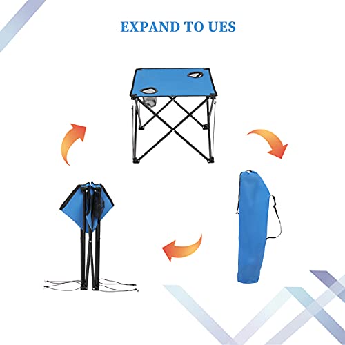 Portable Folding Camping Table with Carrying Bag - Lightweight Oxford Cloth & Steel Frame Picnic Table with 2 Mesh Cup Holders - Compact Outdoor Side Table for Camping, Beach, Fishing, Hiking, Picnics & Backyard BBQs (Blue) - Perfect for Outdoor Adventures & Family Gatherings
