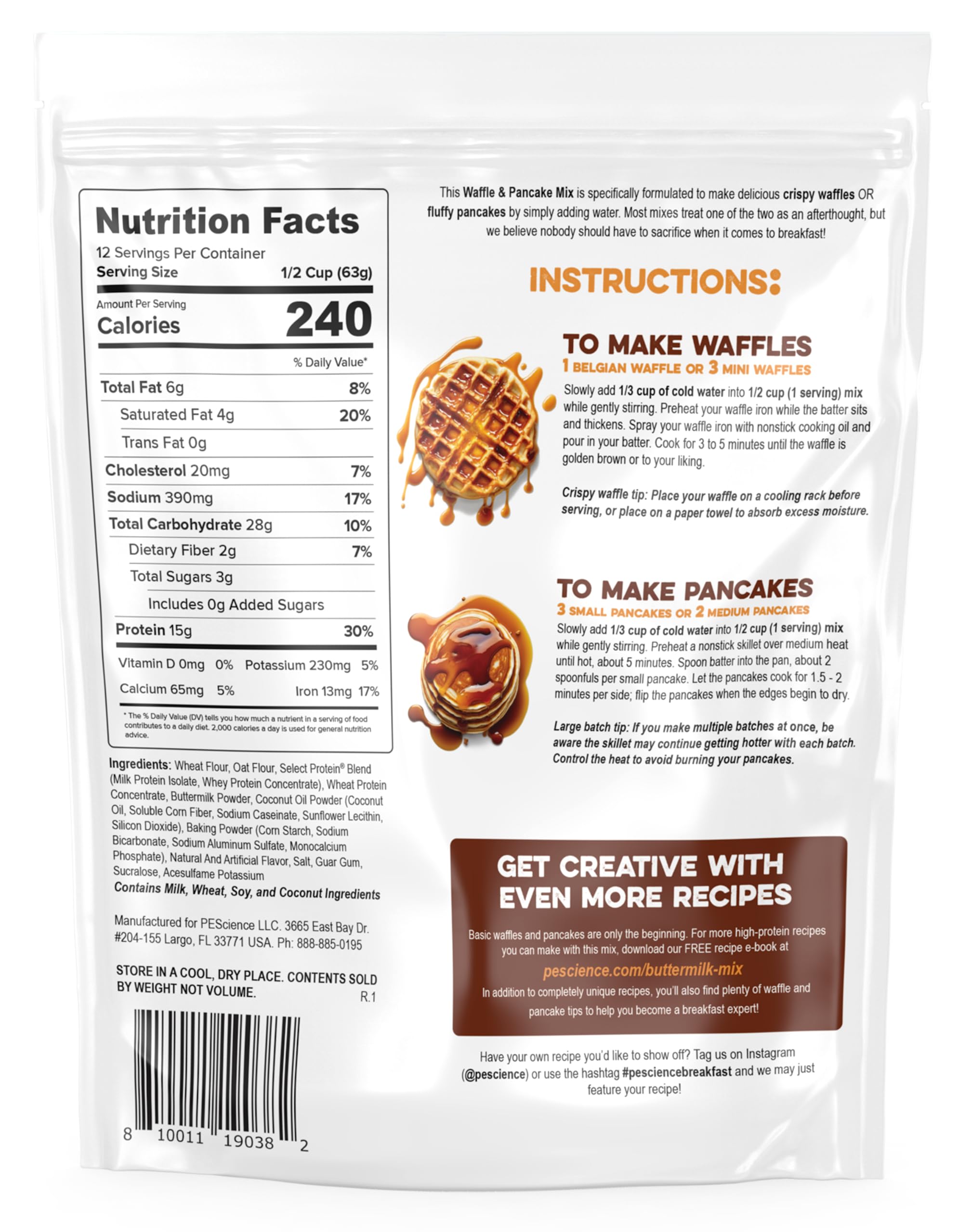 PEScience High Protein Pancake & Waffle Mix - Buttermilk Flavor, 15g Protein per Serving, 12 Servings, Just Add Water | Perfect for Breakfast, Bodybuilding & Post-Workout Recovery
