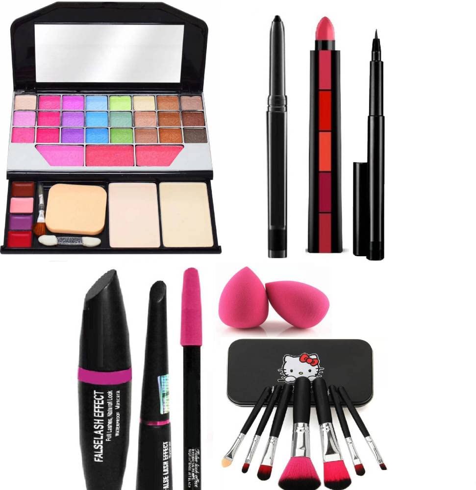 Beggie Face Makeup Combo Set - TYA Makeup Palette, 7PC Brush Set with Box, 2 Puffs, 2 Kajal, 2 Eyeliners, Mascara & 5-in-1 Red Lipstick (17-Piece Complete Makeup Kit) - Perfect for Professional Makeup Artists & Beginners, Great for Parties, Weddings & Daily Beauty Routines