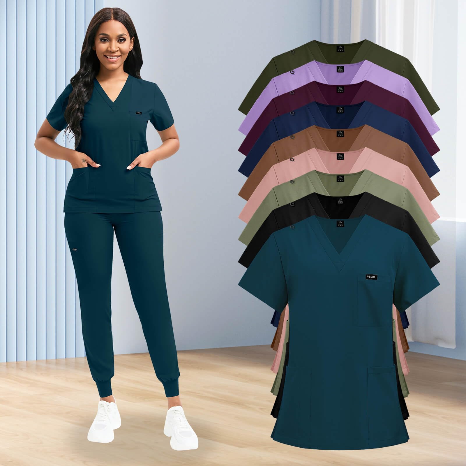 VIAOLI Women's Classic V-Neck Top & Yoga Jogger Pants Scrubs Set - Comfortable Medical Nursing Uniform for Healthcare Professionals - Perfect for Hospitals, Clinics & Long Shifts