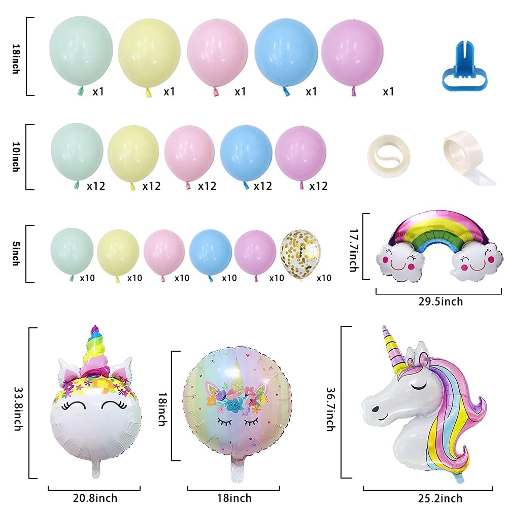 Unicorn Balloons Arch Garland Kit - 5/12/18 Inch Pastel Balloons Set with Macaron & Rainbow Balloons for Girls Birthday Party, Baby Shower, Wedding Decorations - Perfect for Unicorn Themed Events, Kids Room Decor, and Photo Backdrops