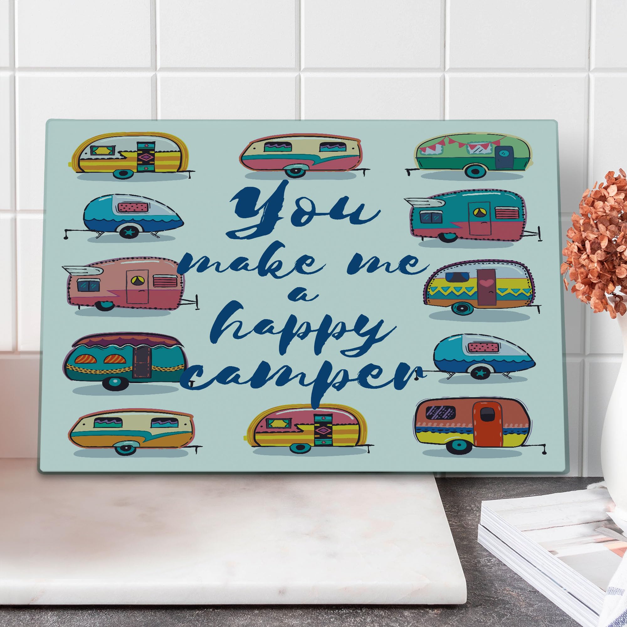 Lunarable Vintage Camper Cutting Board - Motivational 'You Make Me Happy' Travel Graphic Print - Decorative Tempered Glass Serving Board for Camping & Picnics - Large Size (Indigo/Yellow)