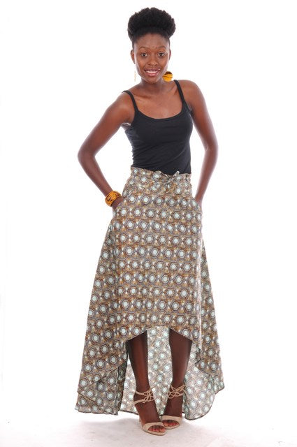 Stylish Aqua and Brown African Print High Waist High-Low Skirt DP3259HL - Perfect for Beach Parties, Cultural Events & Summer Fashion
