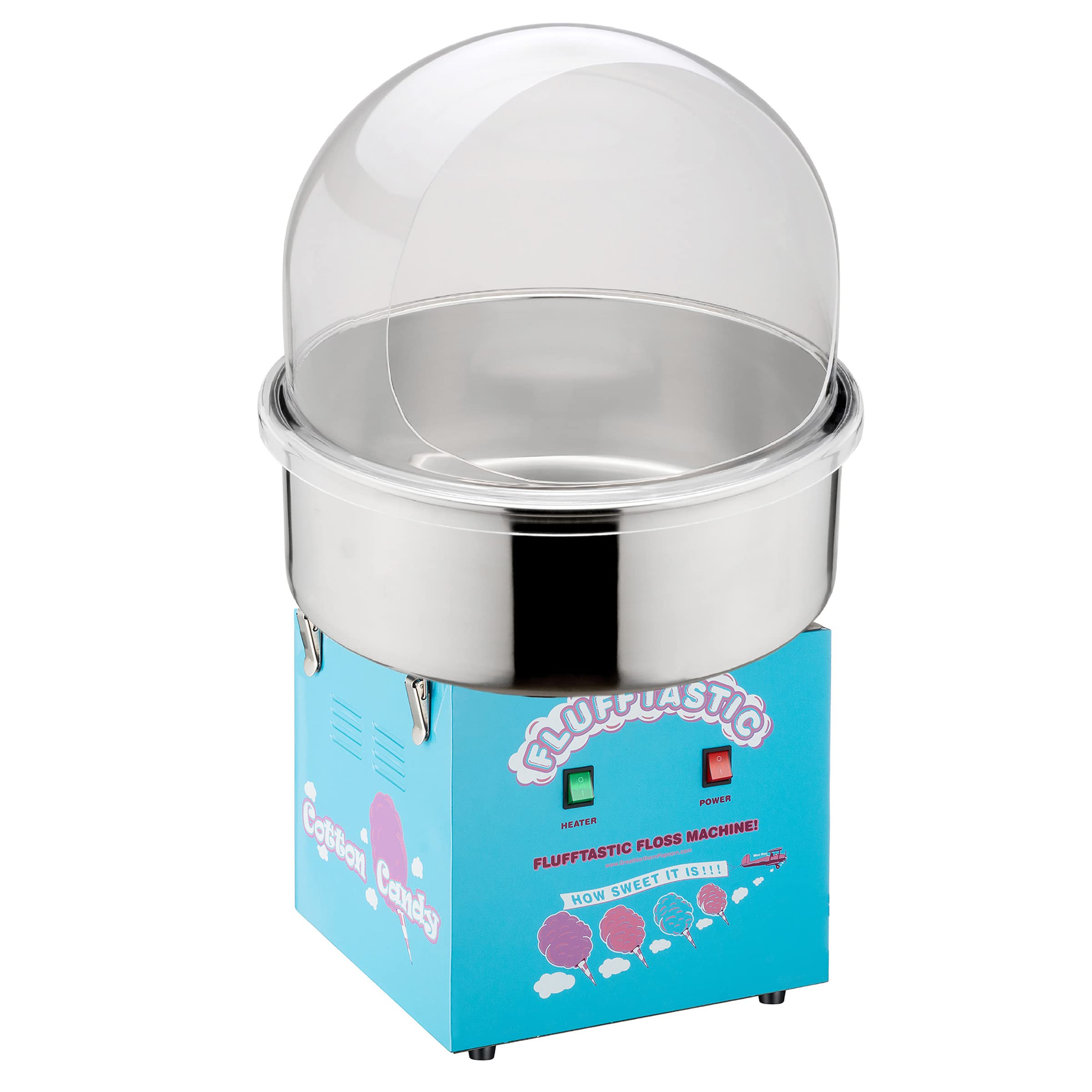 Flufftastic 1000W Cotton Candy Machine with Dome Shield & Stainless Steel Pan - Electric Candy Floss Maker for Parties, Carnivals & Home Use - Great Northern Popcorn Commercial Grade Cotton Candy Maker (Blue)