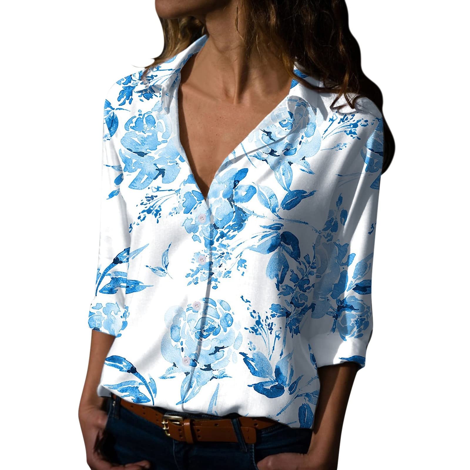 Women's Floral Print V-Neck Long Sleeve Button Down Shirt - Loose Fit Casual Summer Blouse for Work, Date Night & Outdoor Activities