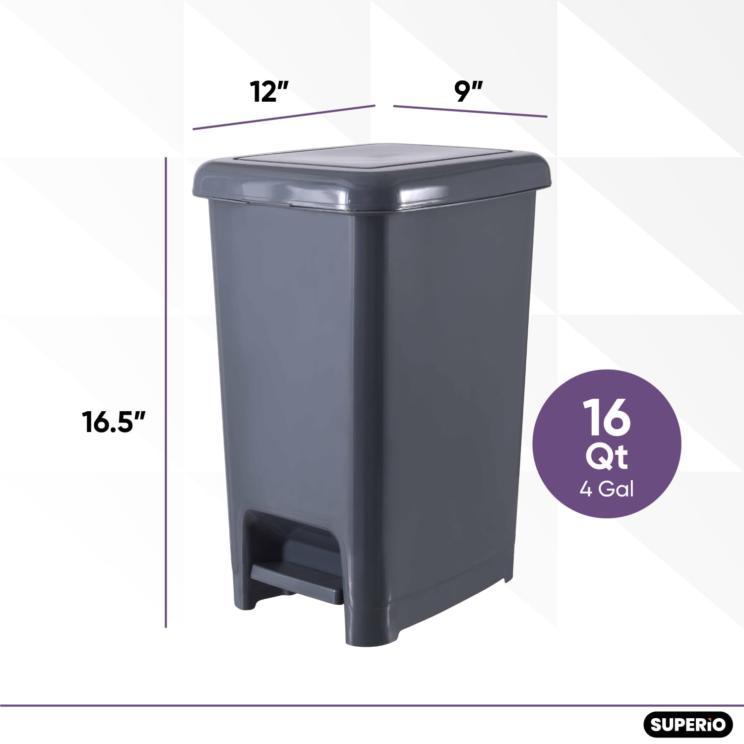 Superio 4 Gallon Slim Step-On Trash Can with Lid - Small Plastic Garbage Bin for Bathroom, Bedroom, Kitchen, Office, RV, Dorm & Patio - Hands-Free Foot Pedal Design - Onyx Grey - Perfect for Small Spaces & Hygienic Waste Disposal