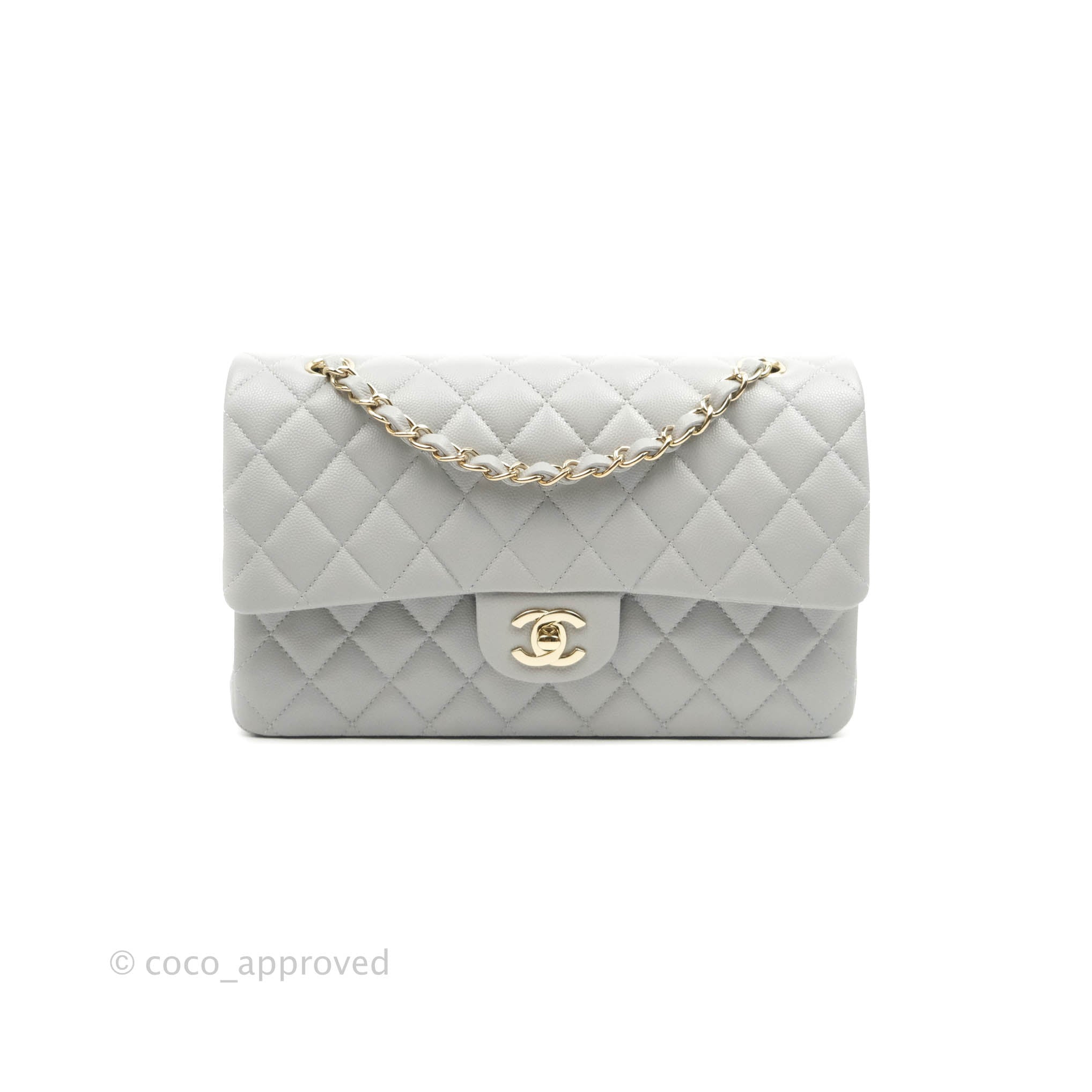 Chanel Classic Medium Double Flap Bag in Grey Caviar Leather with Gold Hardware - Luxury Shoulder Bag for Women, Perfect for Work, Date Night & Special Occasions