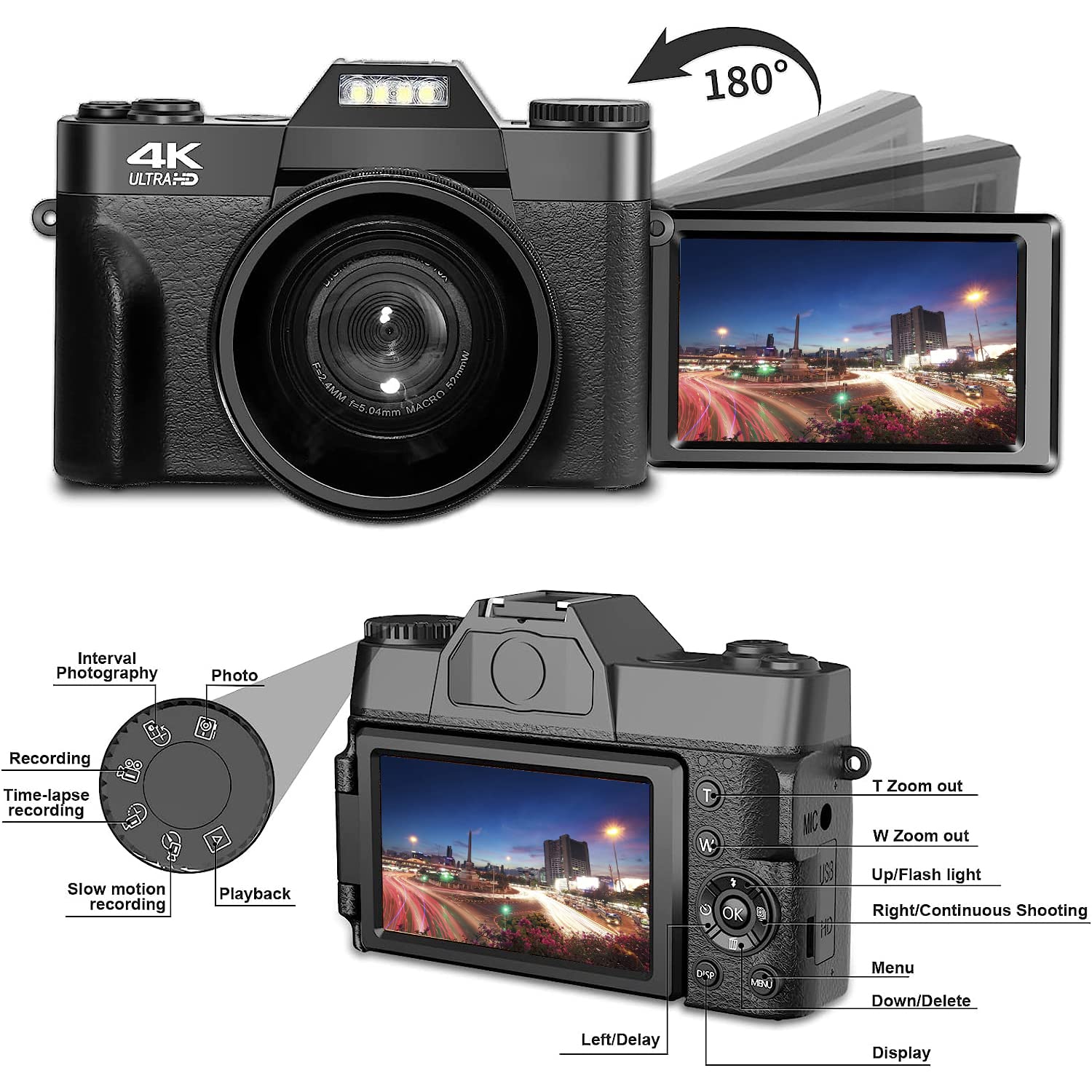 Acuvar 4K 48MP Digital Camera for Photography & YouTube Vlogging - 3.0’’ 180° Flip Screen, WiFi, 16X Zoom, Wide Angle/Macro Lens, Rechargeable Battery, 64GB SD Card (Black) - Perfect for Travel, Blogging & Content Creation