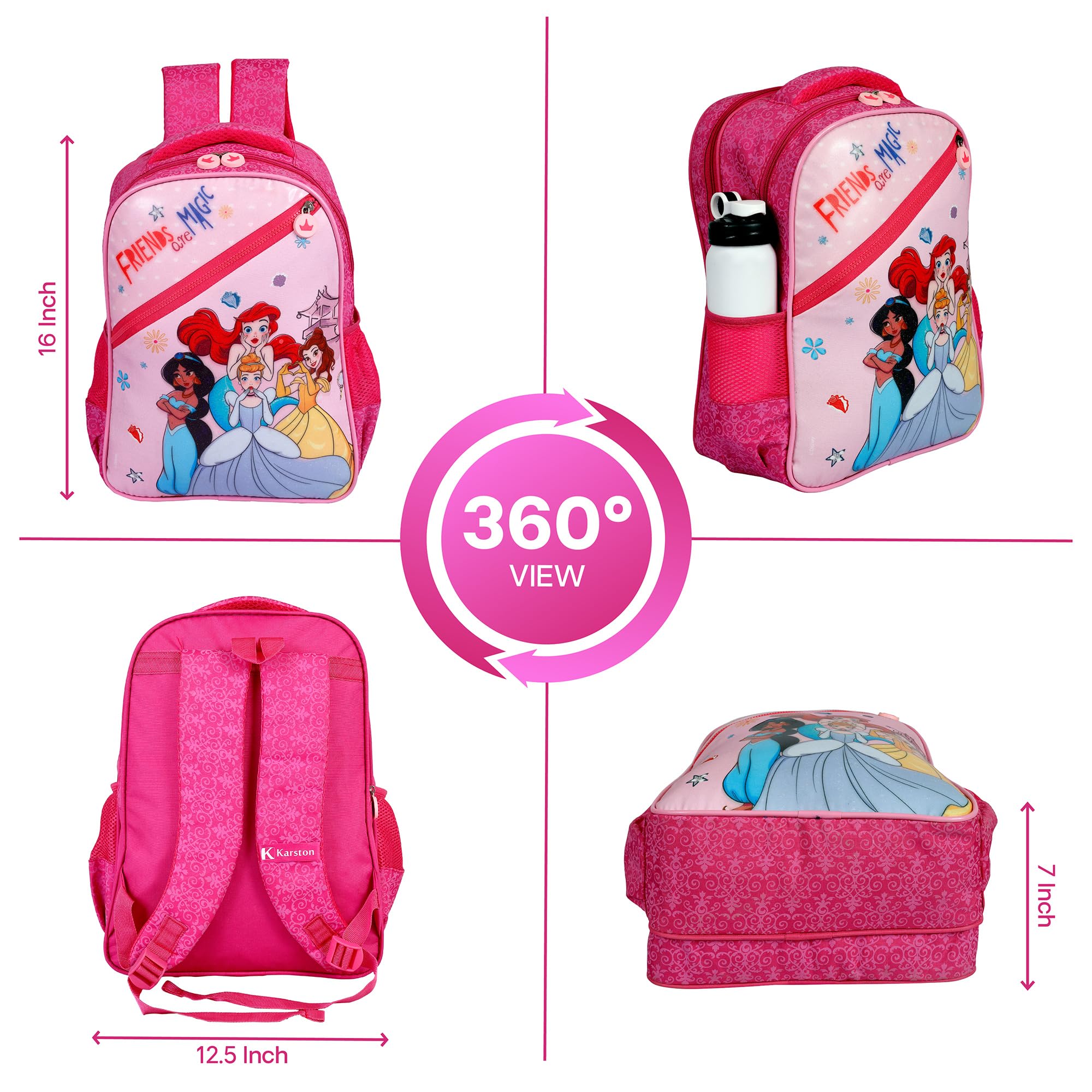 Disney Princess Magic School Backpack for Girls - 14 Inch Large Water Resistant Kids Backpack, 17L Capacity for School, Travel, Picnic | Perfect Gift for Girls | Durable & Stylish Backpack for Everyday Use
