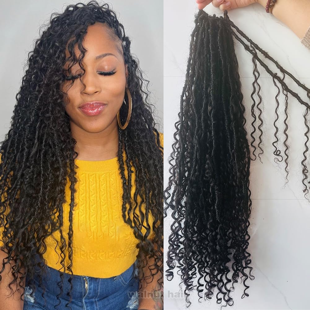 Pre-Looped Crochet Boho Faux Locs with Human Hair Curls | Goddess Crochet Locs with Curly Ends | Soft Dreadlocks Hair for Black Women | Natural Color 18 Inch 3 Packs (72 Locs) | Perfect for Protective Styling, Weddings & Everyday Wear