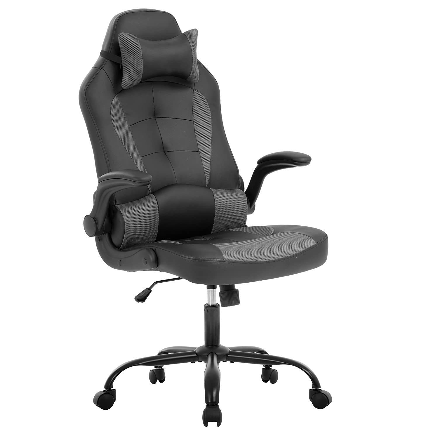 Ergonomic Gaming Chair - High Back PU Leather Office Chair with Adjustable Armrests, Headrest & Lumbar Support - Comfortable Computer Desk Chair for PC Gamers & Home Office Workers (Grey) - Perfect for Long Gaming Sessions, Remote Work & Streaming Setup