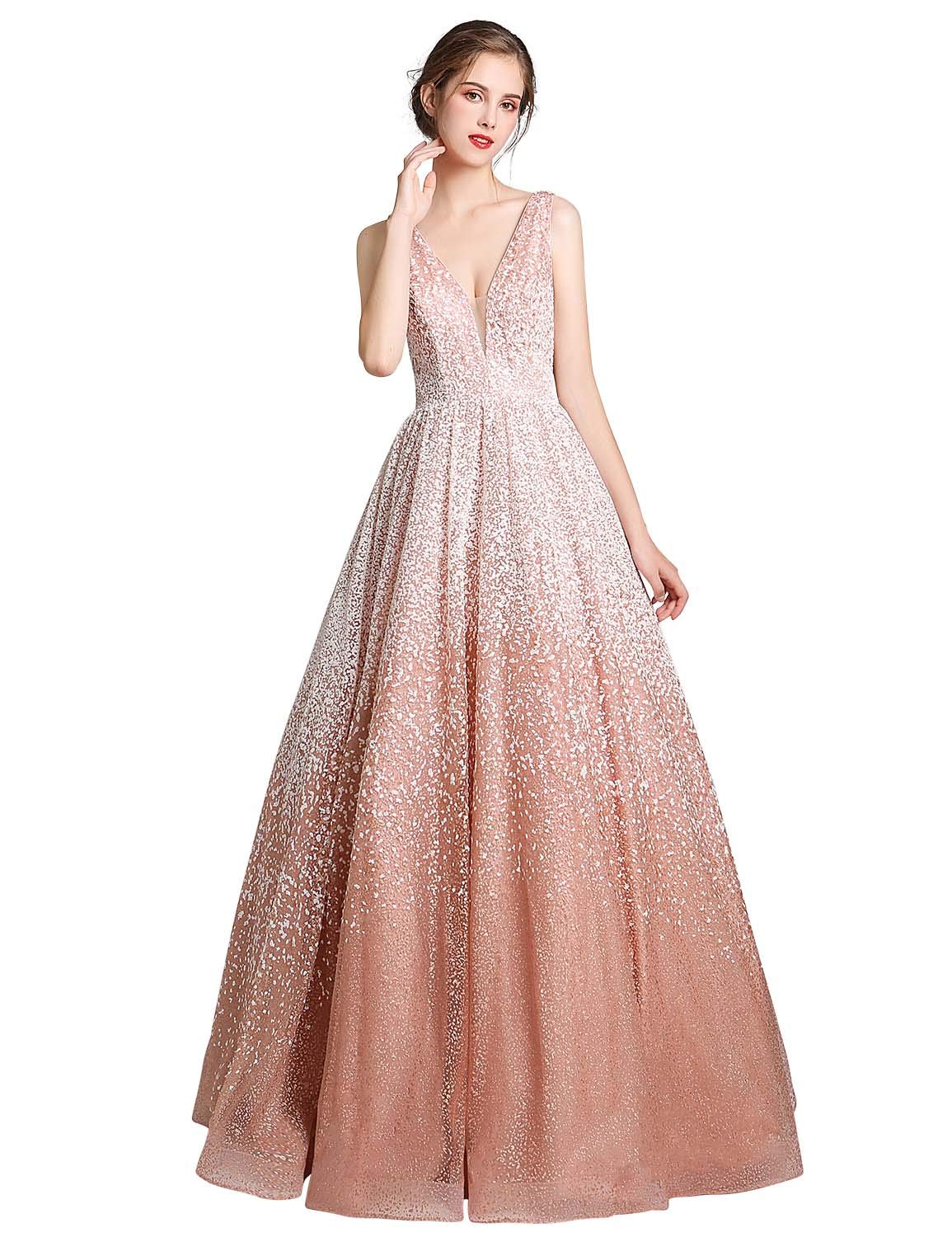 Sarahbridal Women's V-Neck Gradient Long Evening Gowns - A-Line Prom Dresses for Formal Events, Weddings & Special Occasions