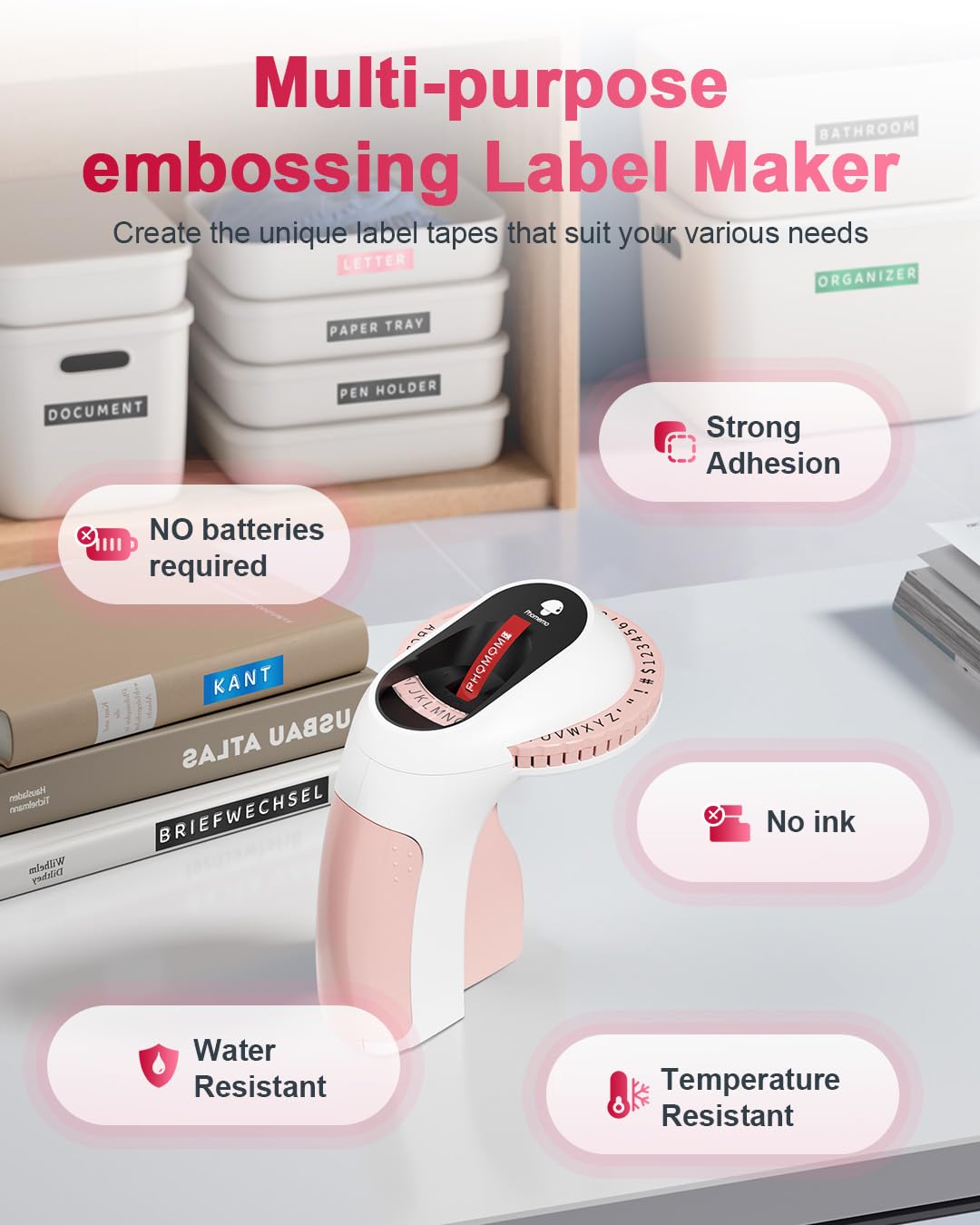 Phomemo Portable Embossing Label Maker Machine with 6 Rolls 3D Embossed Label Tapes - Retro Style for Kids DIY, Home, School & Office Organization (Pink) - Perfect for Crafting, Gift Wrapping & Storage Labeling