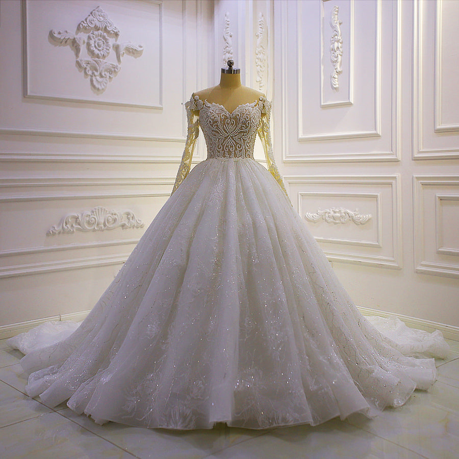 Custom Made Off Shoulder Long Sleeve Lace Appliques Wedding Dress - Elegant Bridal Gown for Church Ceremony, Beach Wedding & Formal Reception