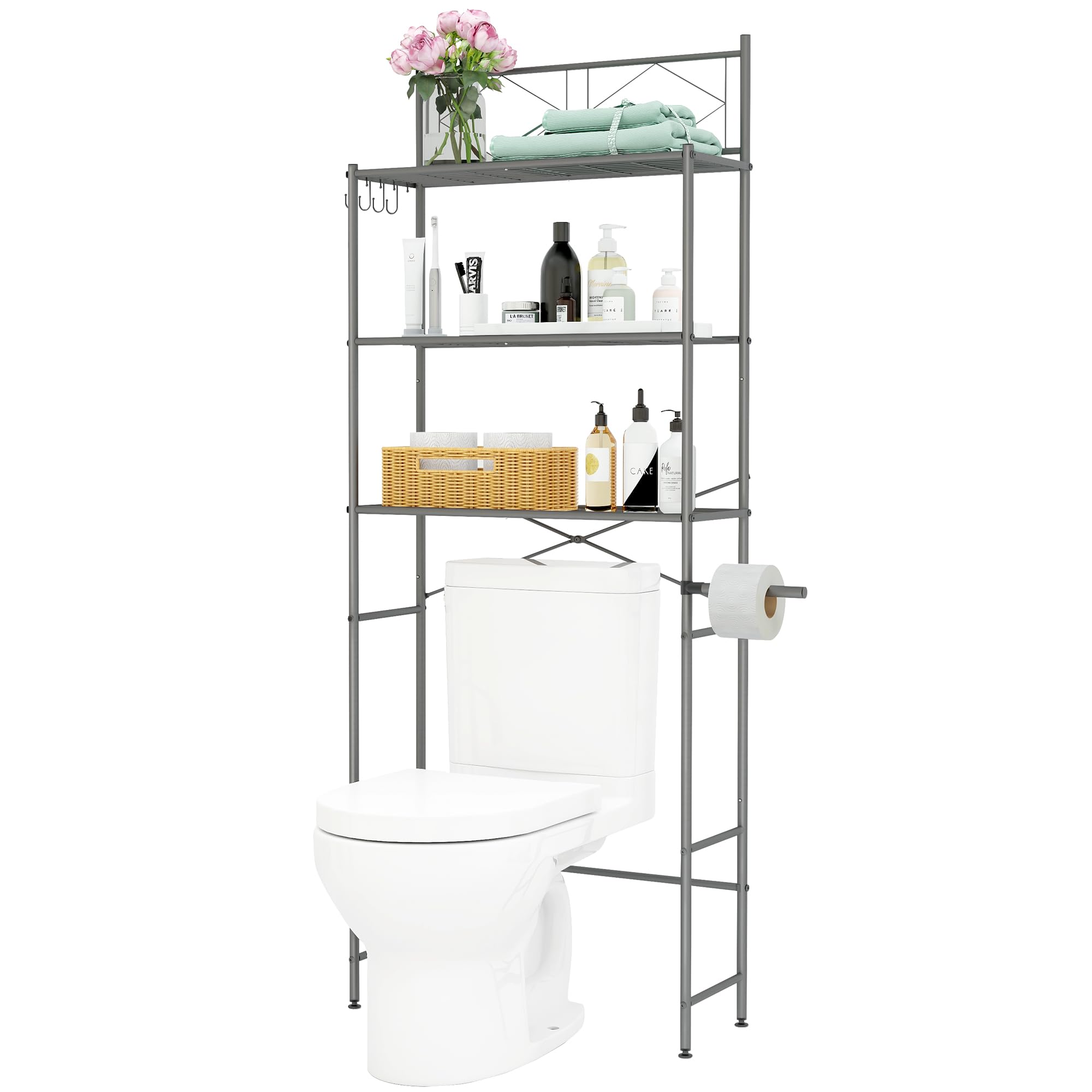 MallBoo 3-Tier Over The Toilet Storage Shelf - Freestanding Bathroom Organizer with X-Shaped Bar, Space Saving Shelf for Towels, Toiletries & Decor - Perfect for Small Bathrooms, Apartments & Dorm Rooms (Grey)