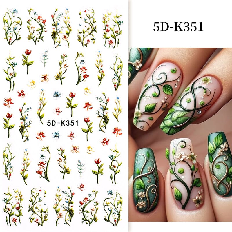 5D White Green Flowers Plants Nail Stickers K351 - DIY Nail Art Decals for Home, Salon & Party Use