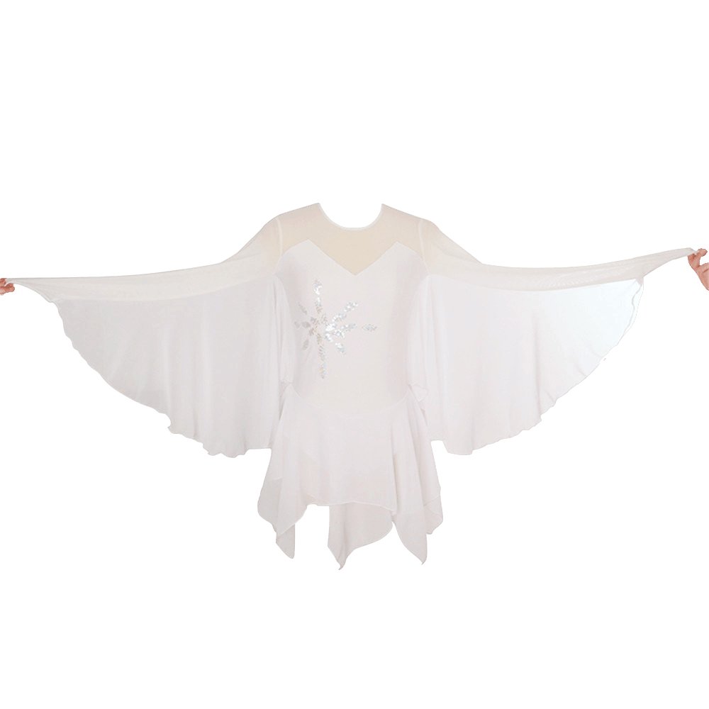 Girls & Ladies Ice Figure Skating Dress - Long Sleeve Beaded Roller Skating Costume with Wing Design (White) - Perfect for Competitions, Performances & Ice Shows