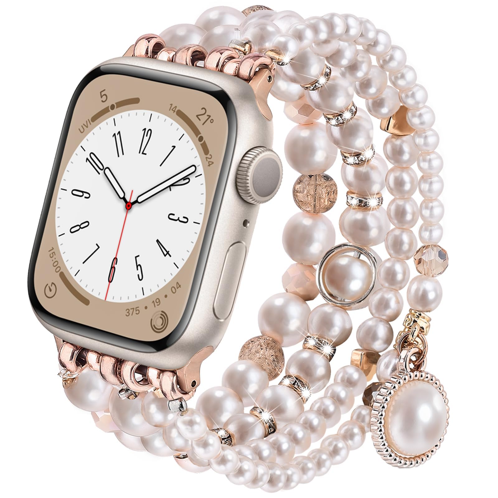 V-MORO Stretchy Pearl Bracelet Compatible with Apple Watch 38/40/41/42/44/45mm - Rose Gold Fashion Jewelry Band for Women - Perfect for iWatch Series 9/8/7/6/5/4/3/2/1/SE - Elegant Accessory for Work, Parties & Daily Wear