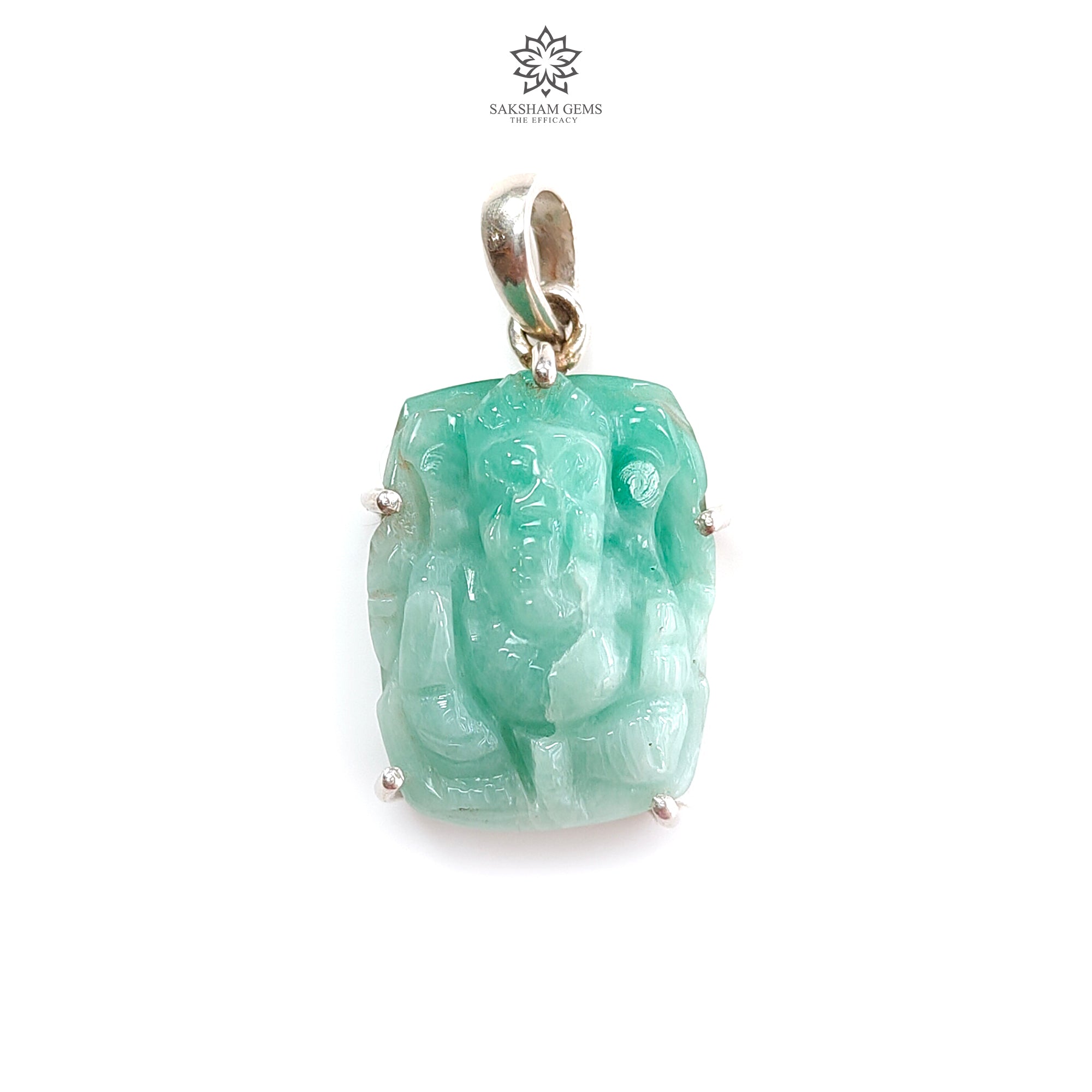 Natural Untreated Green Emerald Ganesha Pendant - 6gms 925 Sterling Silver Prong Set (1.25 Inch) | Spiritual Jewelry for Meditation, Yoga & Hindu Festivals