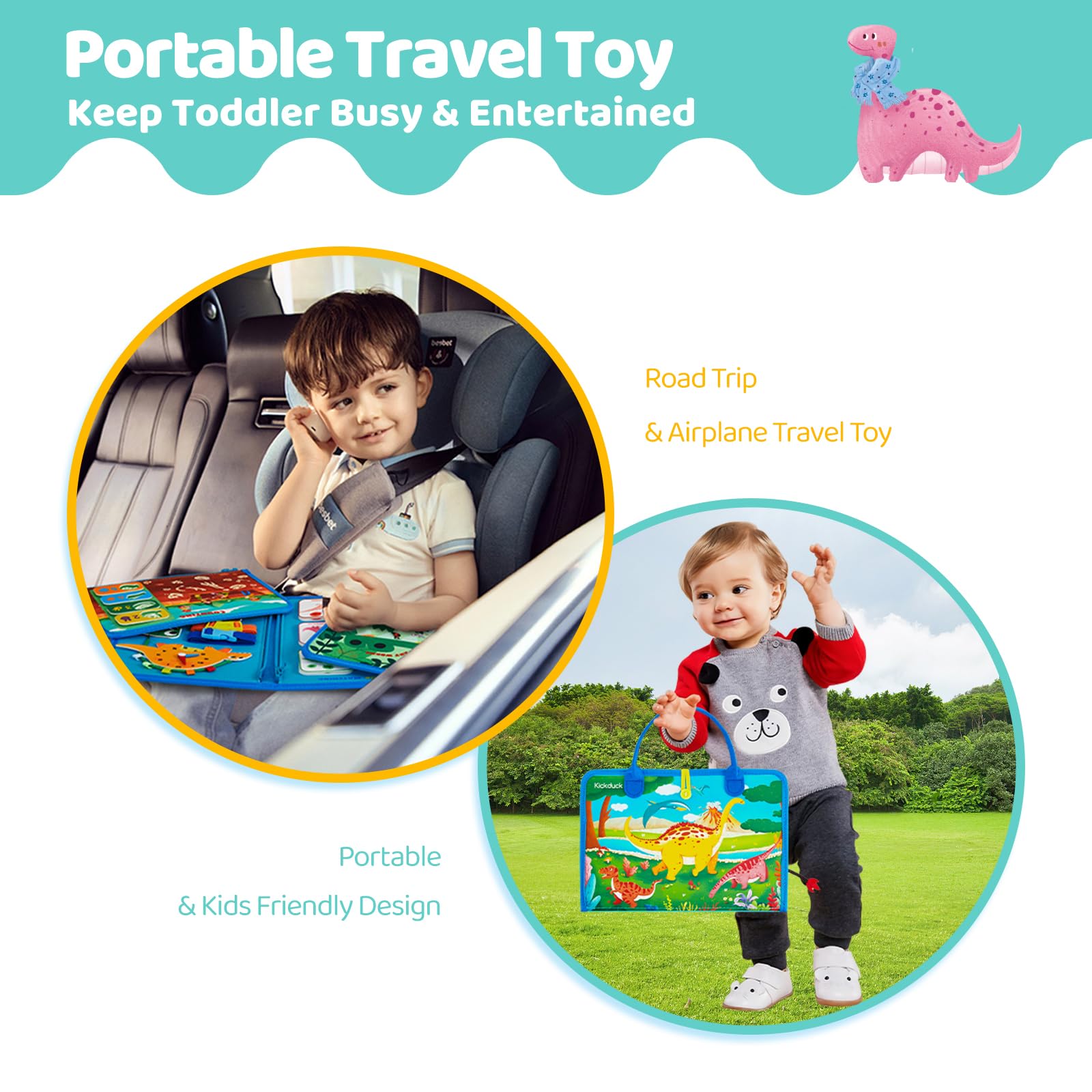 Montessori Busy Board Sensory Toys for 3-4 Year Old Kids - Dinosaur Themed Educational Travel Activity Toy for Toddlers | Perfect Birthday Gift, Airplane & Car Ride Entertainment, Preschool Learning Tool