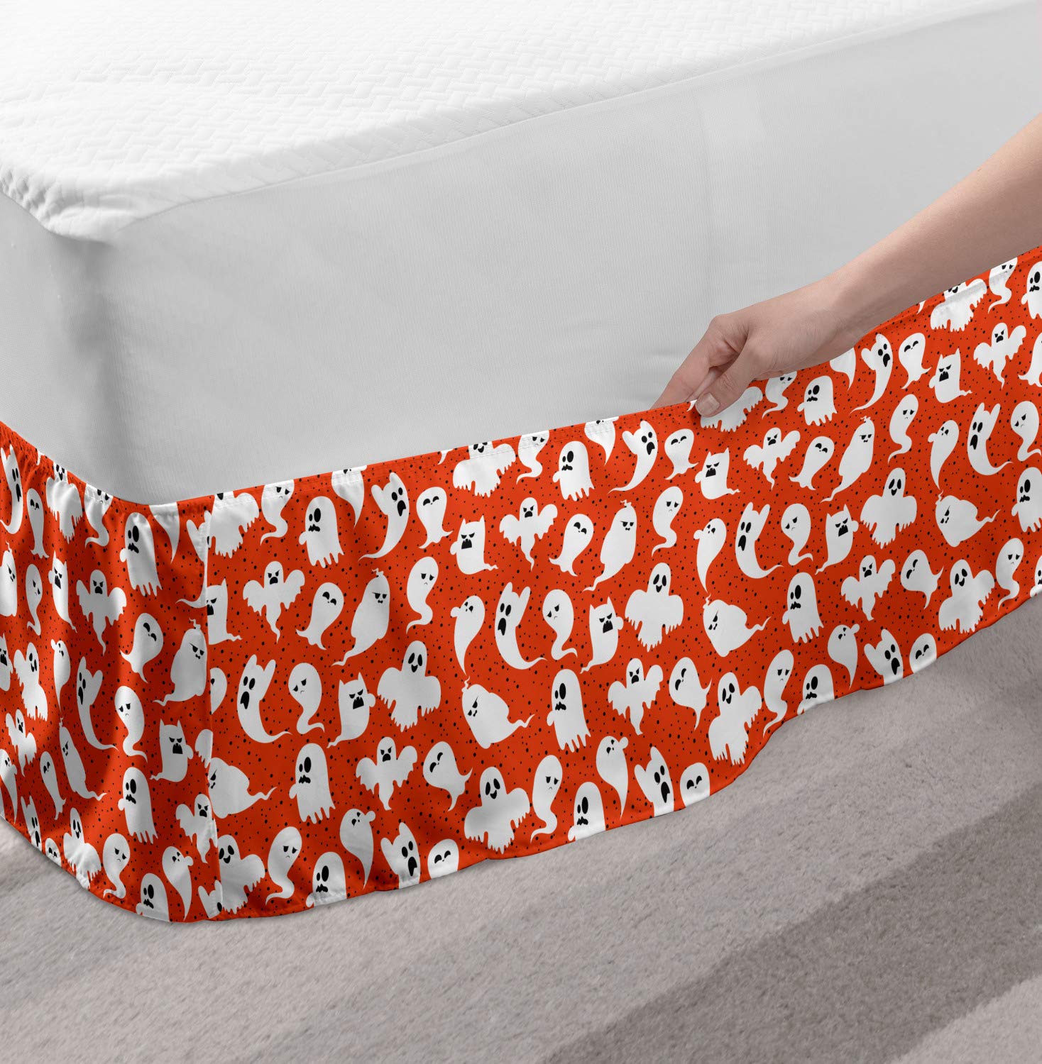 Ambesonne Ghost Bed Skirt - Funny Halloween Ghost Characters with Expressions on Dotted Pattern, Elastic Wrap Around Dust Ruffle for Queen Size Beds - Dark Orange & White - Perfect for Spooky Bedroom Decor and Halloween Party Themes