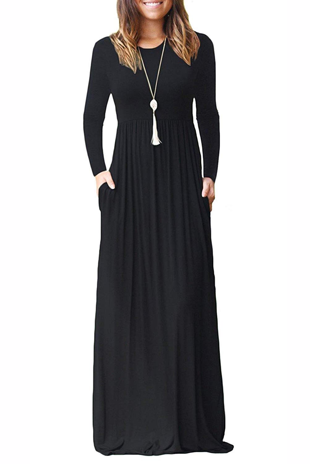 Bluetime Women's Long Sleeve Loose Plain Maxi Dress with Pockets - Casual Flowy Midi Dress for Everyday Wear, Beach Cover Up, or Date Night Outfit