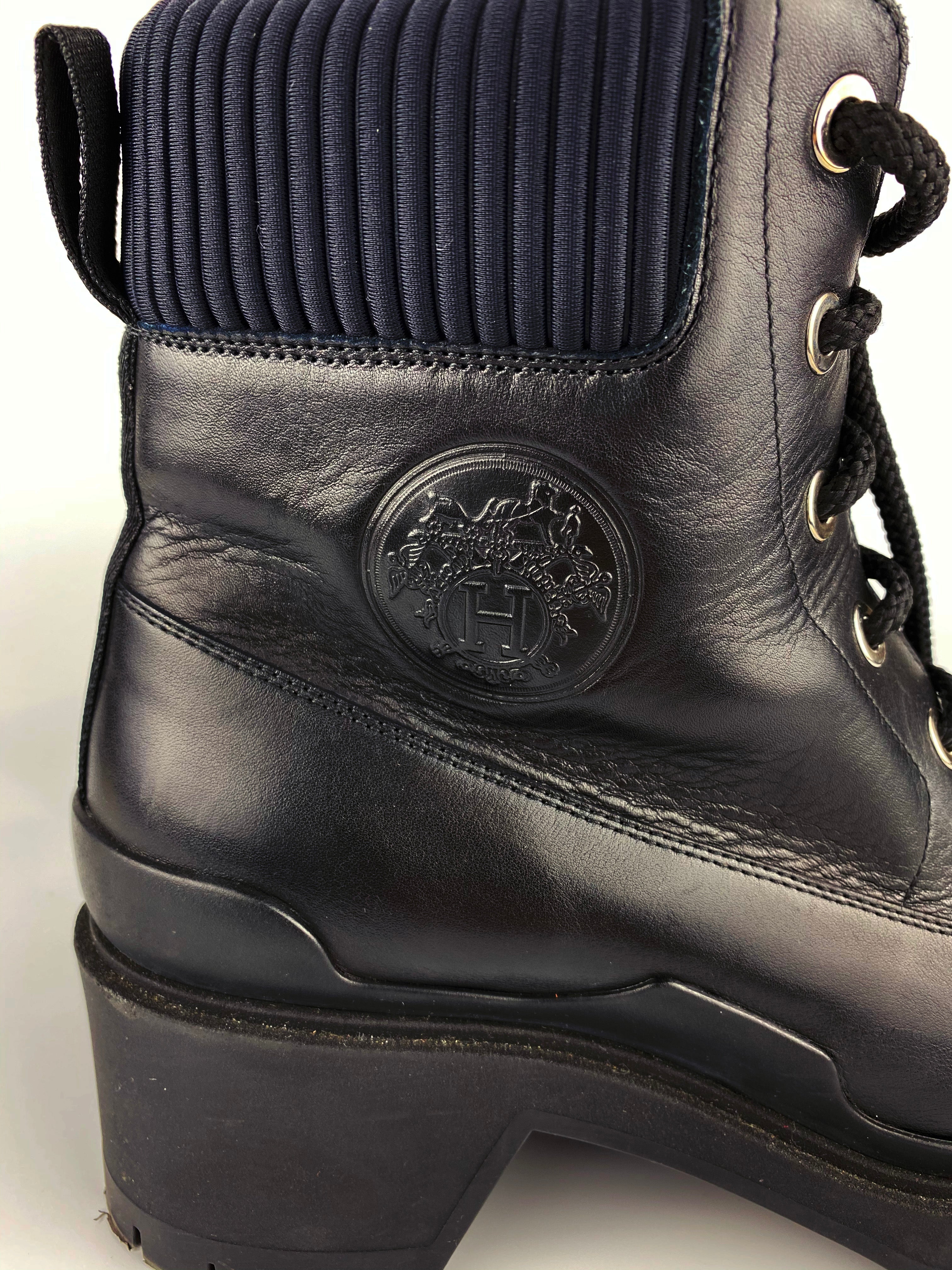 Hermes Black Leather Lace Up Boots for Women - Luxury Designer Ankle Boots for Fall Winter Fashion, Office Wear & Night Out