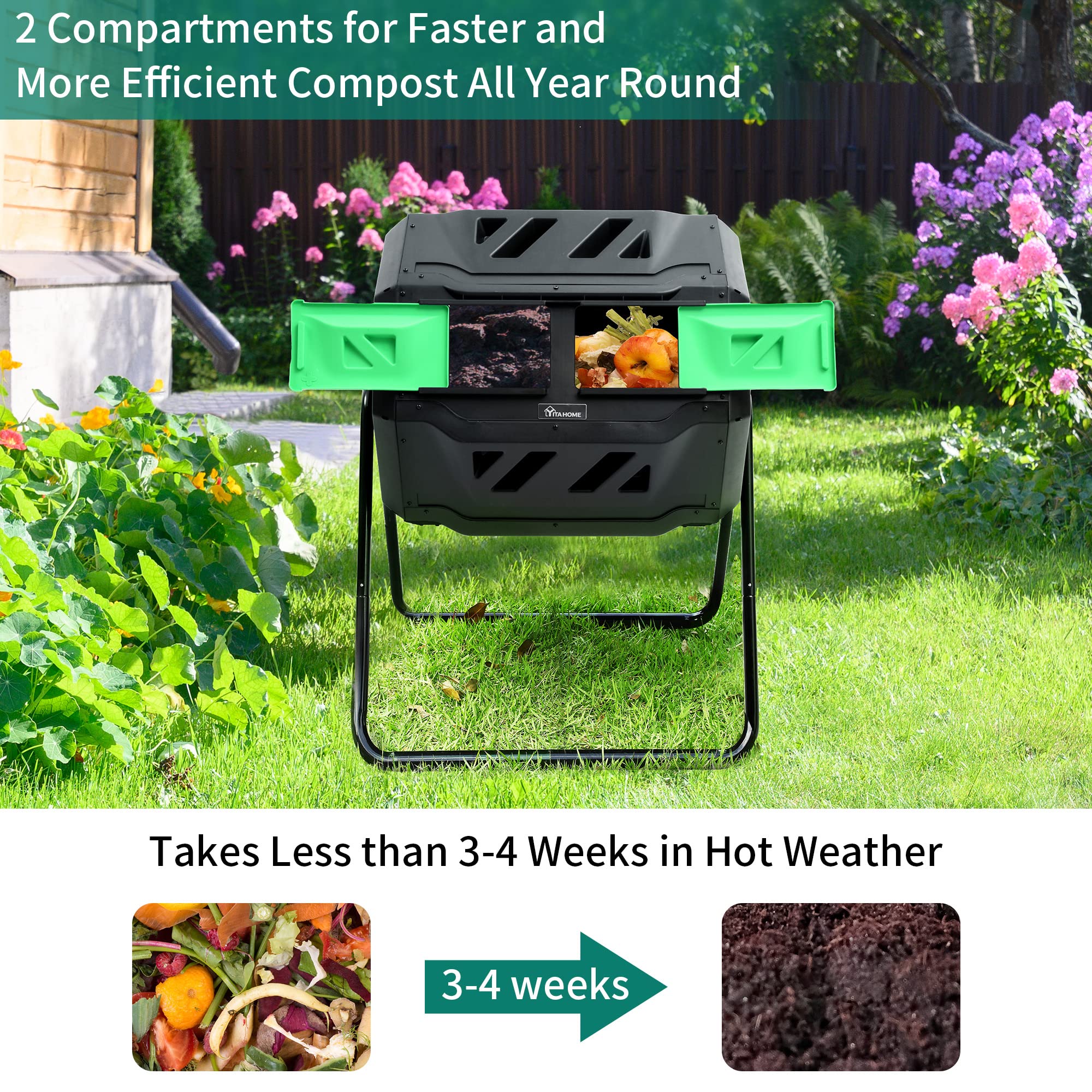 YITAHOME 43 Gallon Large Outdoor Dual Bin Compost Tumbler - 2x21.5 Gallon Rotating Composter with Sliding Doors & Aeration System, BPA Free Garden Compost Bin for Organic Waste Recycling (Green) - Perfect for Backyard Gardening, Sustainable Composting & Eco-Friendly Waste Management