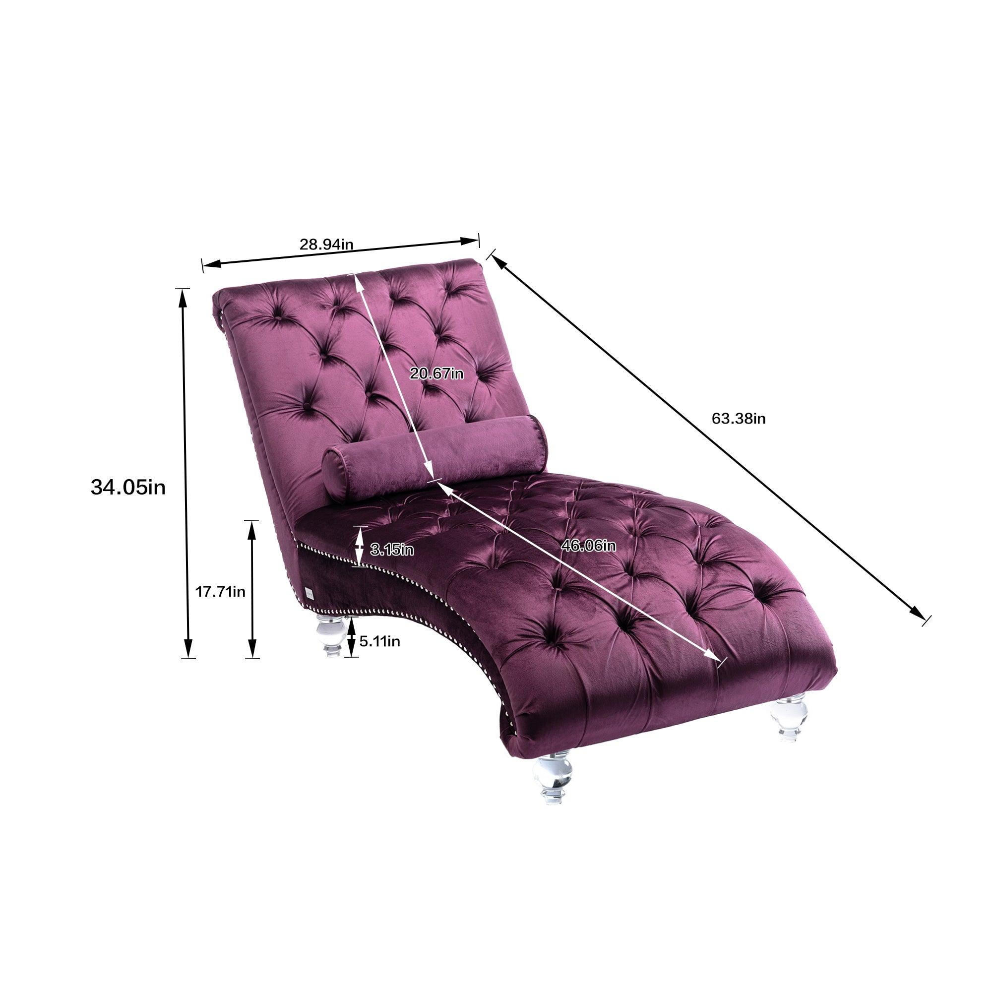 Luxury Velvet Chaise Lounge Chair - Button Tufted Upholstered Sofa with Pillow for Bedroom, Living Room & Office - Elegant Purple Velvet Chaise - Perfect for Relaxing, Reading & Home Decor