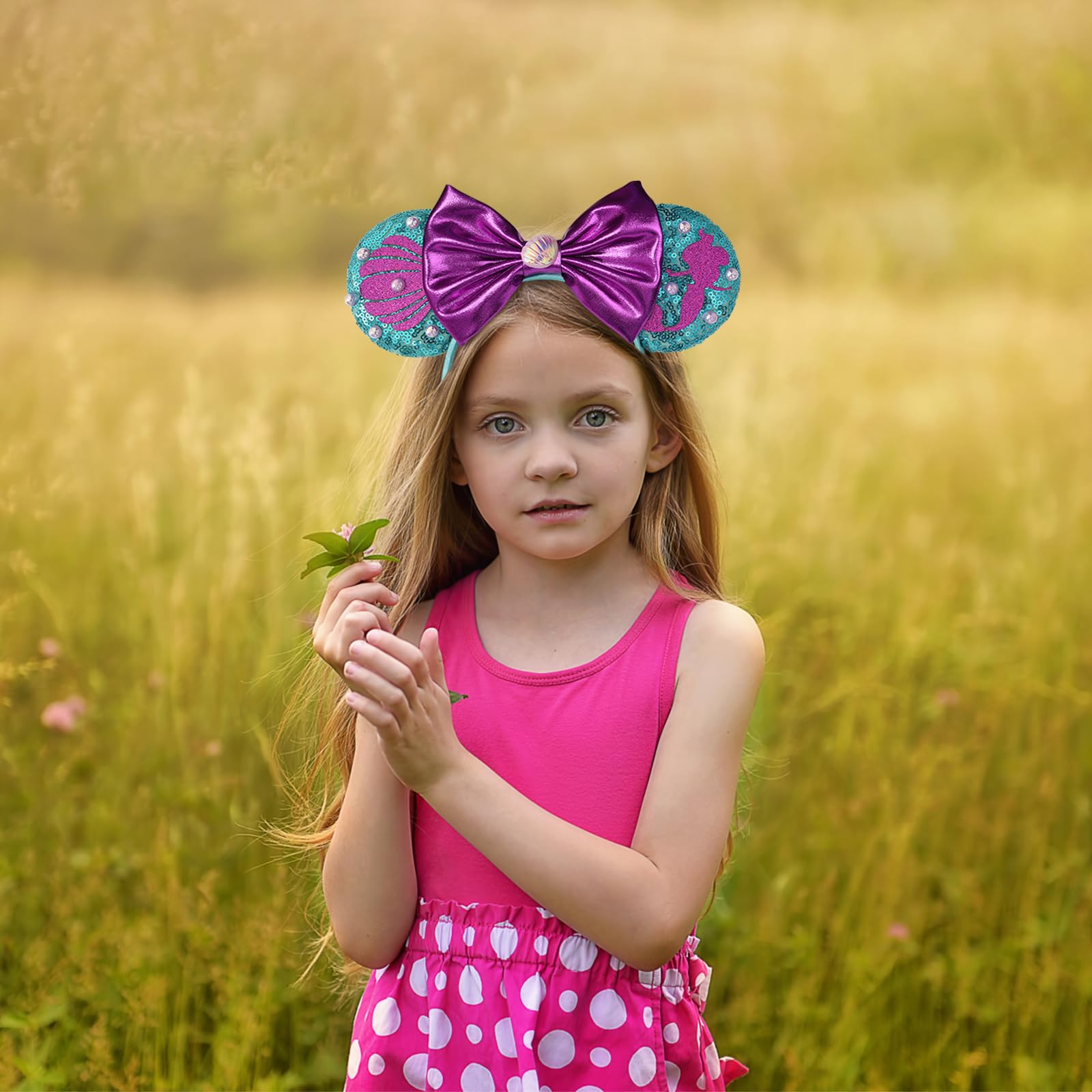 Ariel Little Mermaid Minnie Ears Headband - Sparkling Purple Sequin Bow Hairband for Disney Cosplay, Princess Party, Halloween Costume & Theme Park Accessories